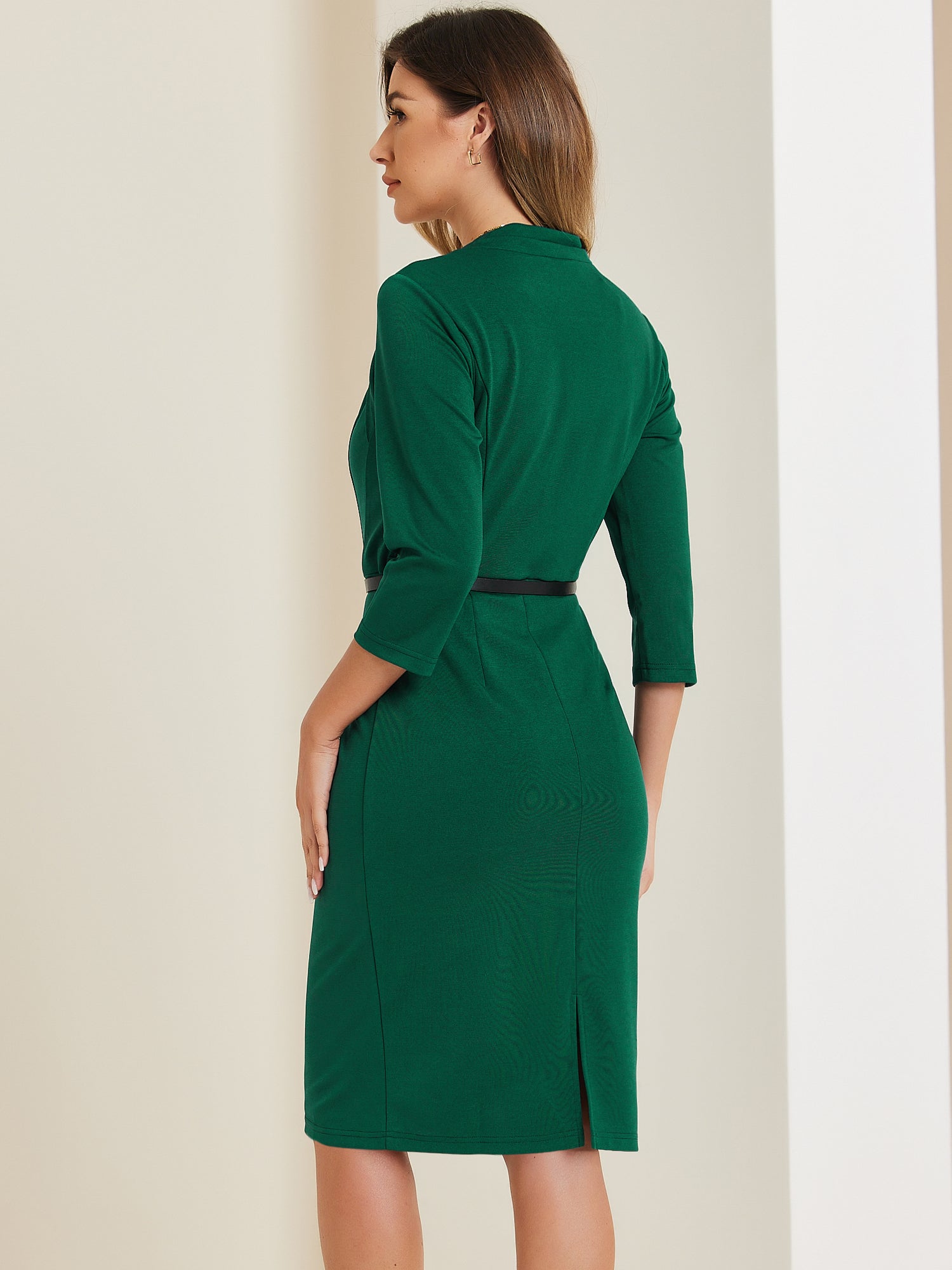 Work Office Dress 3/4 Sleeve Belted Sweetheart Neck Sheath Dress