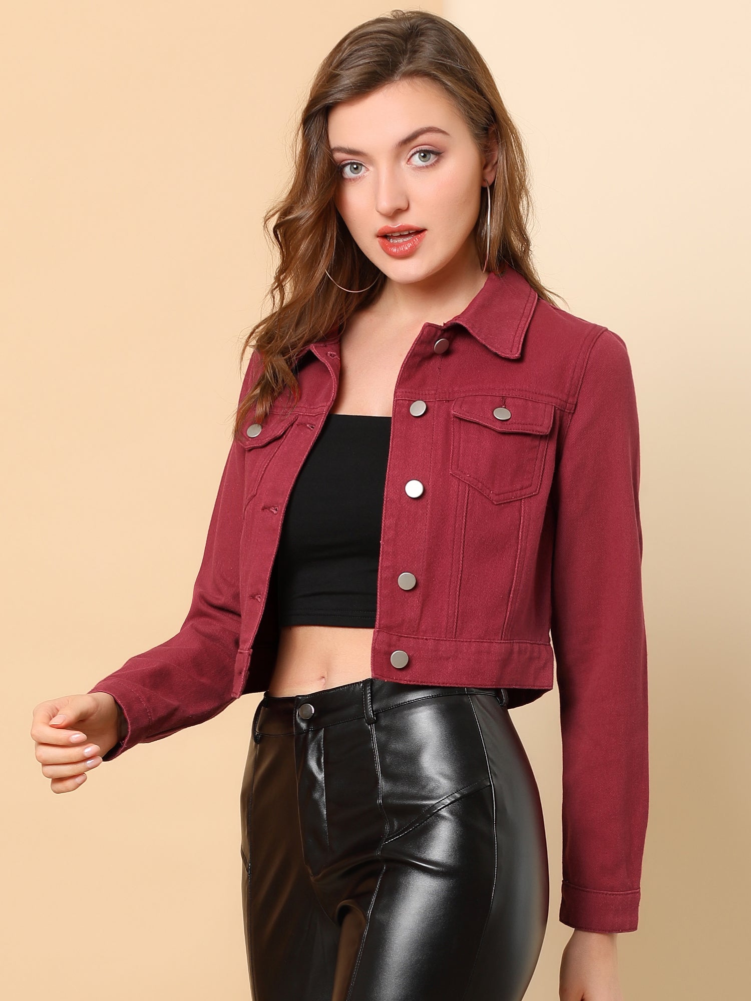 Button Down Long Sleeve Casual Cropped Denim Jacket