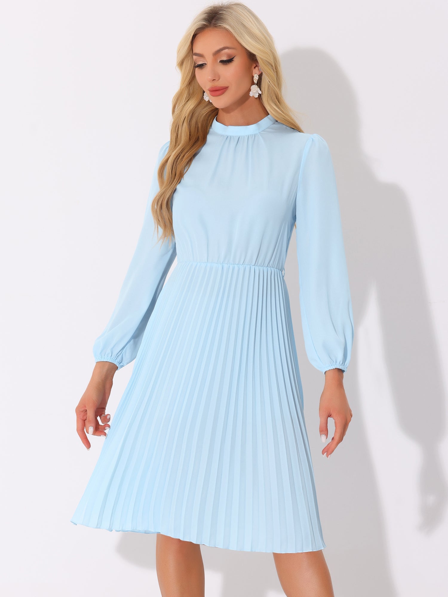 Stand Collar Long Sleeve Belted Pleated Midi Dress