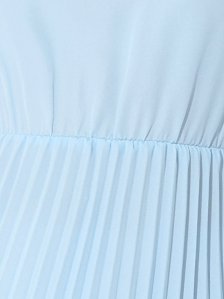 Stand Collar Long Sleeve Belted Pleated Midi Dress