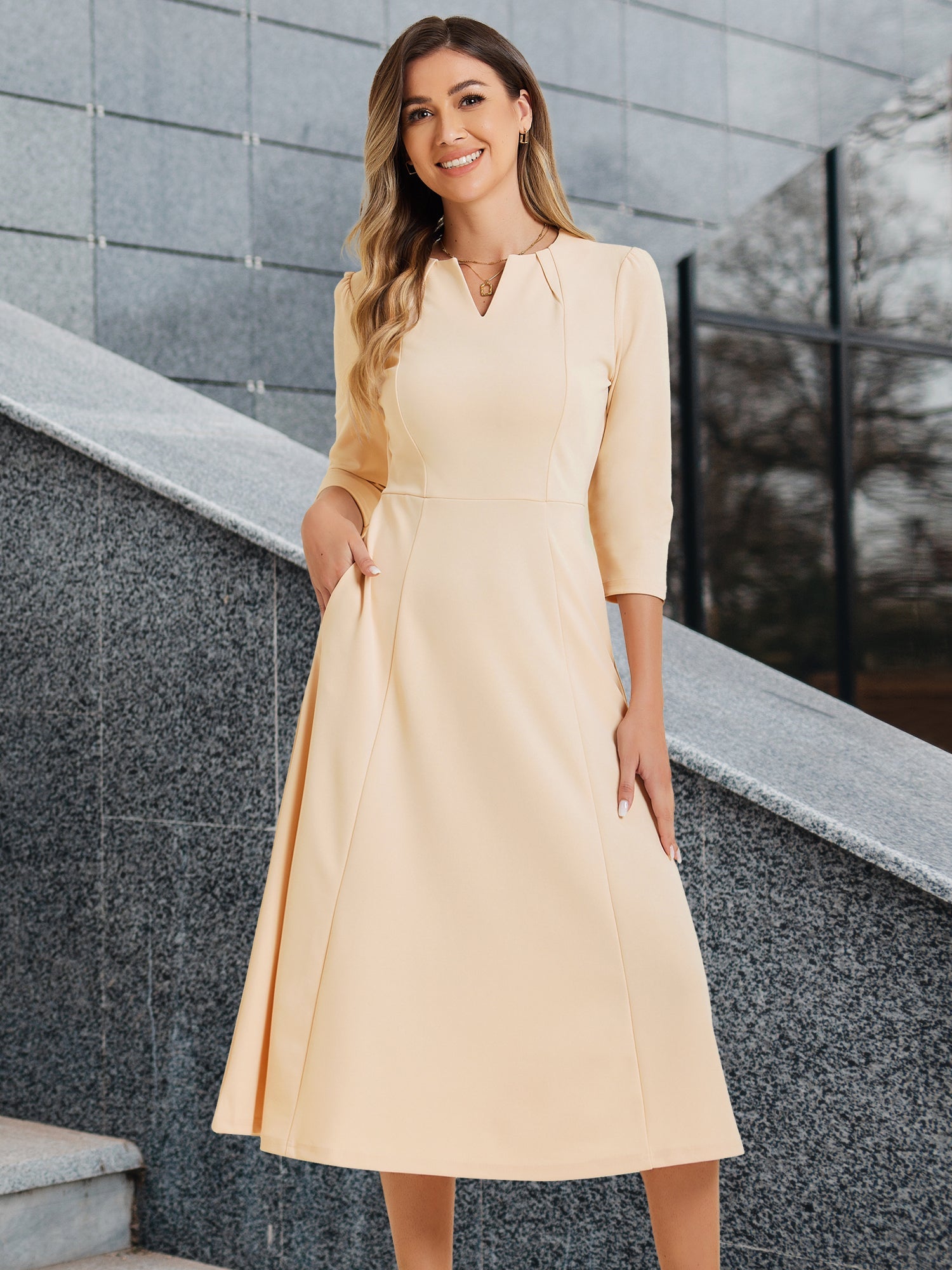 Notch Neck Pocketed 3/4 Sleeve Solid A-Line Work Dress