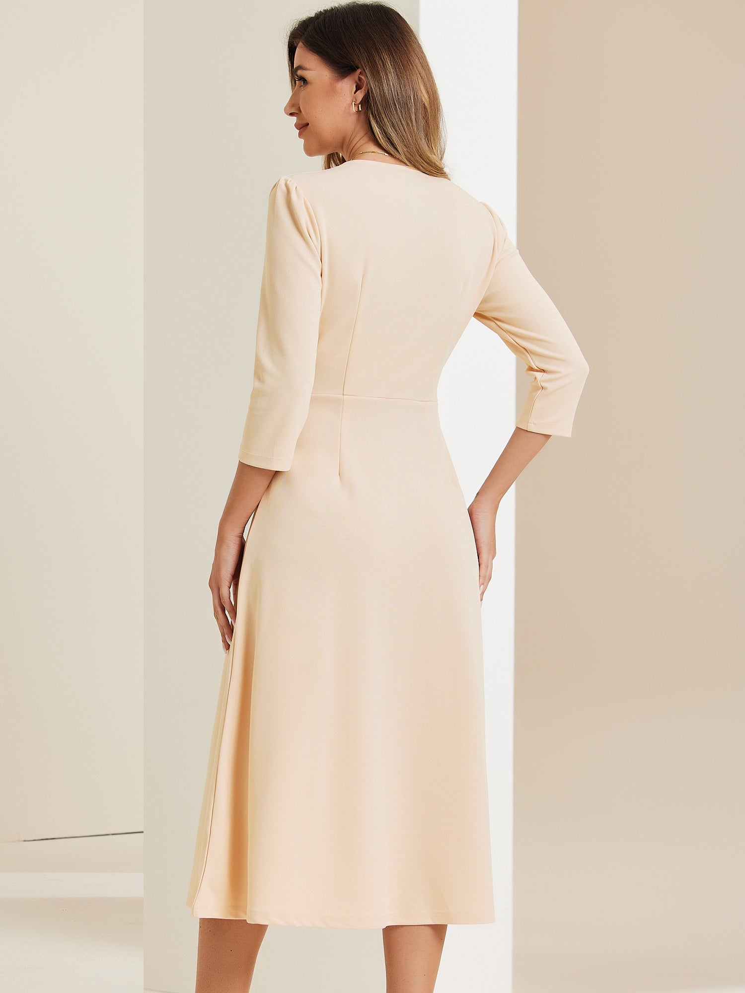 Notch Neck Pocketed 3/4 Sleeve Solid A-Line Work Dress