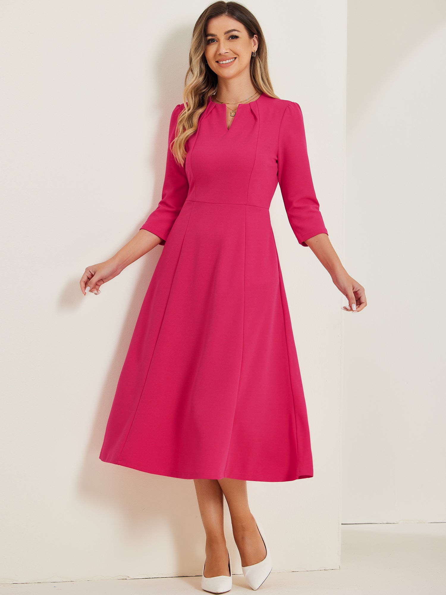 Notch Neck Pocketed 3/4 Sleeve Solid A-Line Work Dress