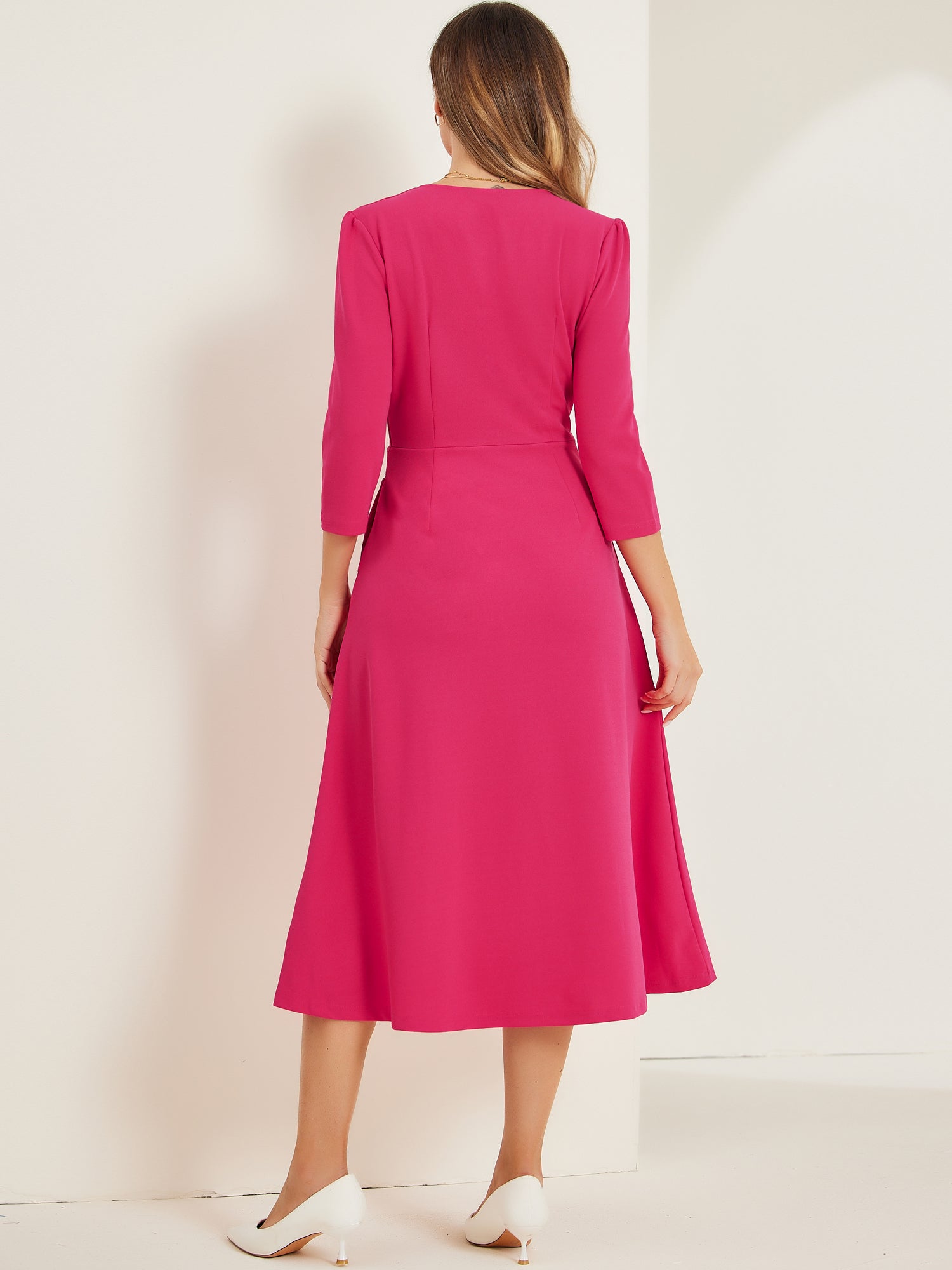 Notch Neck Pocketed 3/4 Sleeve Solid A-Line Work Dress