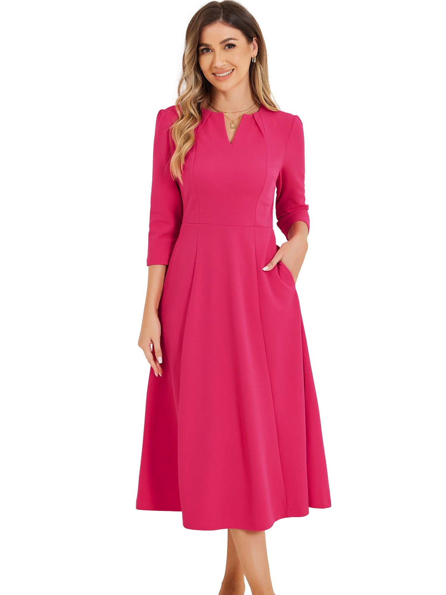 Notch Neck Pocketed 3/4 Sleeve Solid A-Line Work Dress