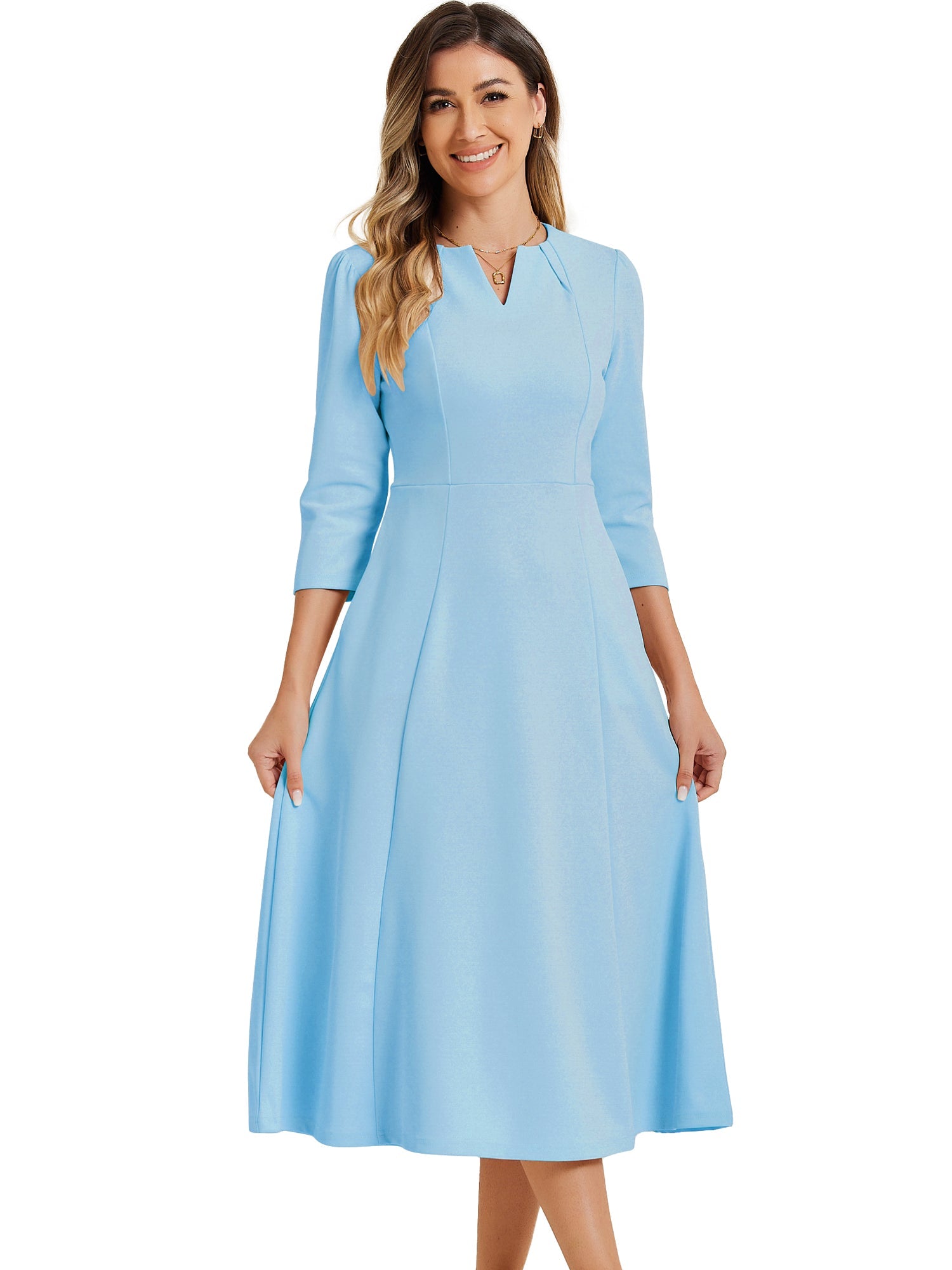 Notch Neck Pocketed 3/4 Sleeve Solid A-Line Work Dress