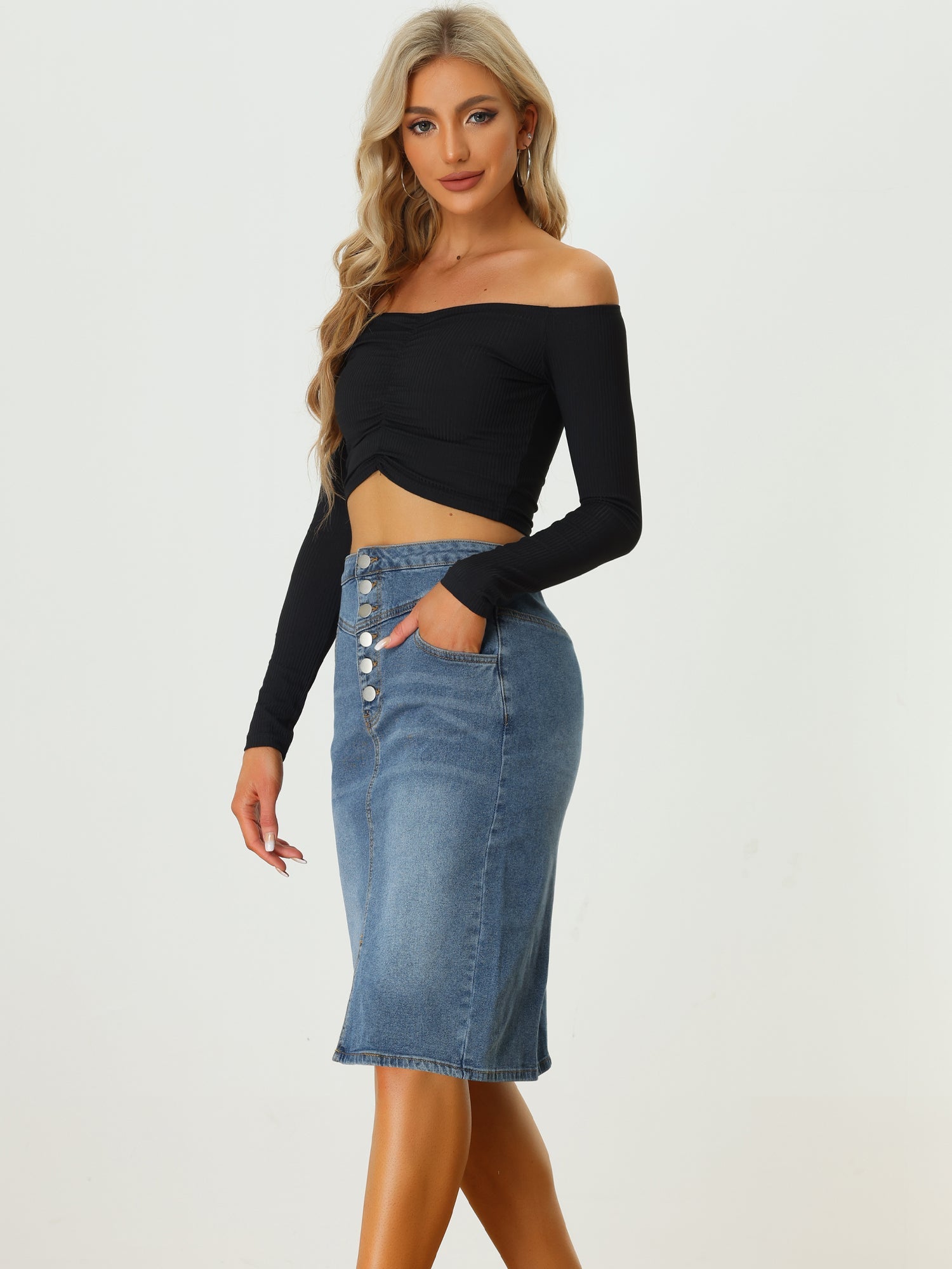Denim Pencil Button High Waist Split Hem Casual Midi Jean Skirts