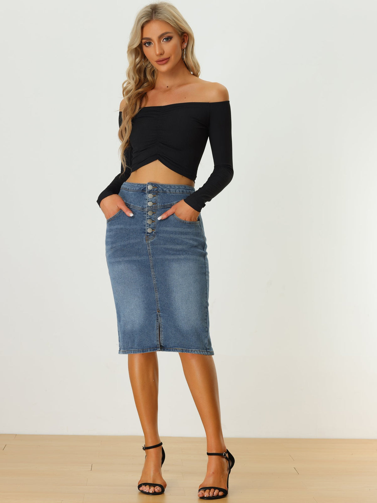 Denim Pencil Button High Waist Split Hem Casual Midi Jean Skirts