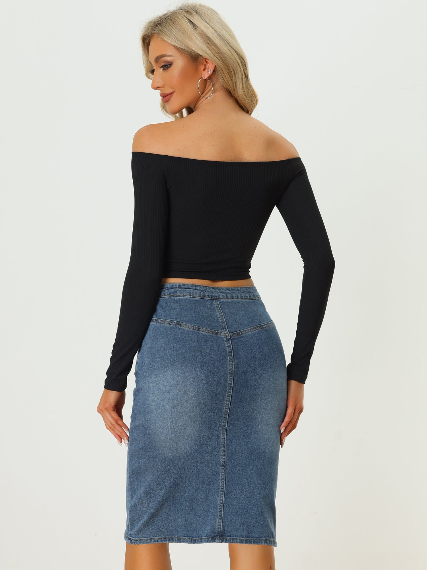Denim Pencil Button High Waist Split Hem Casual Midi Jean Skirts