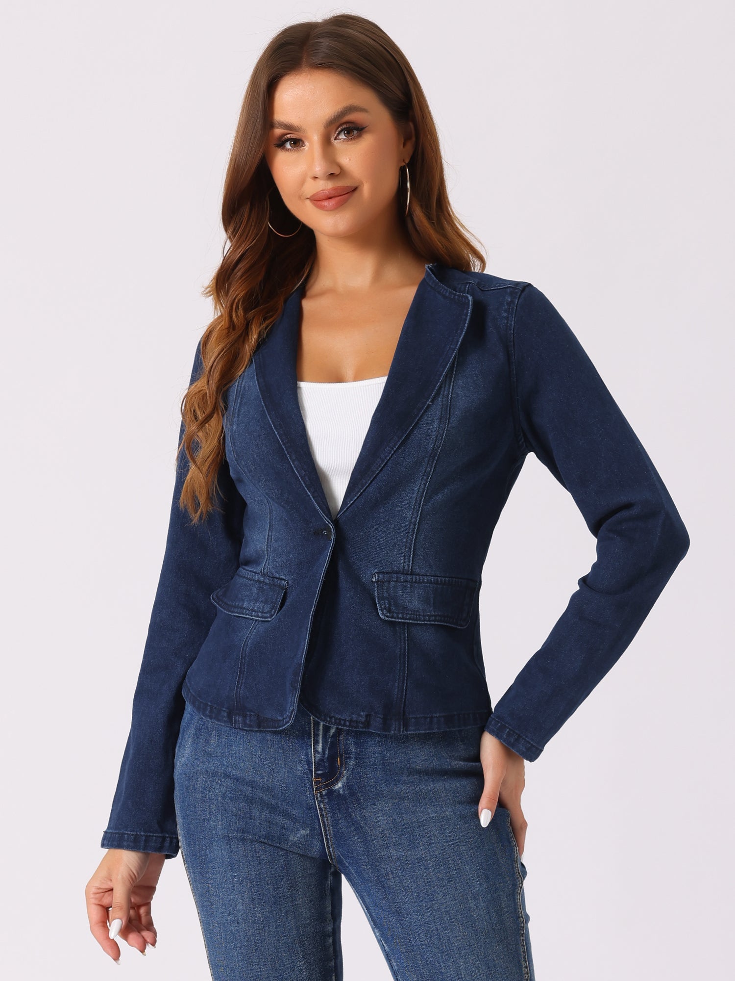 Lapel Collar Long Sleeve One Button Denim Blazer Jean Jacket