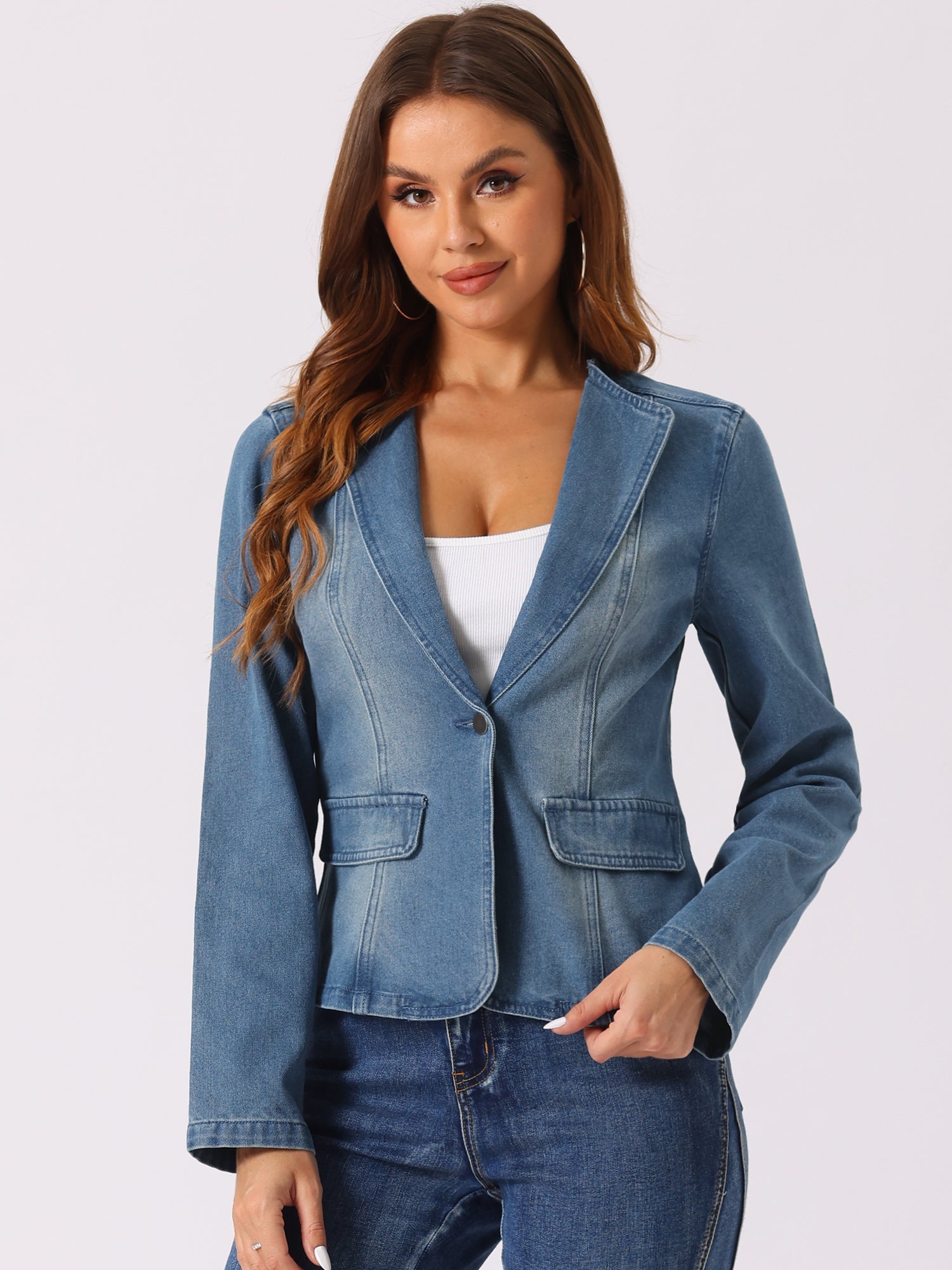Lapel Collar Long Sleeve One Button Denim Blazer Jean Jacket