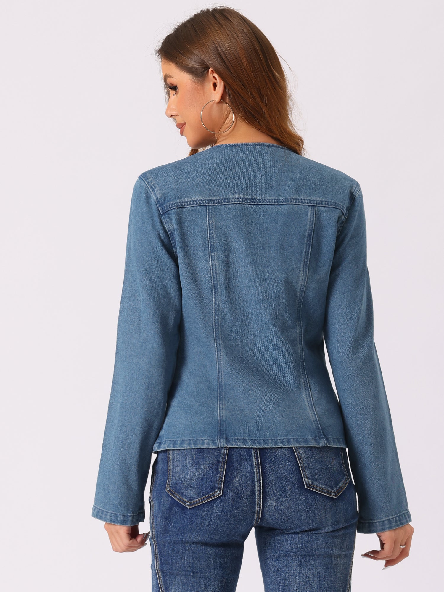 Lapel Collar Long Sleeve One Button Denim Blazer Jean Jacket