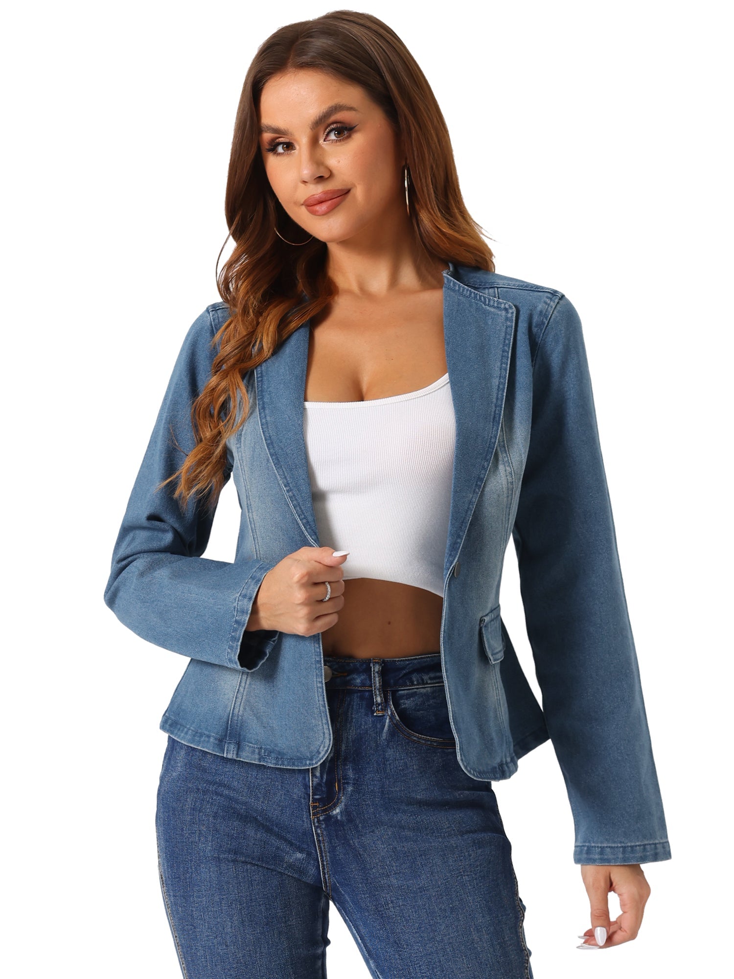 Lapel Collar Long Sleeve One Button Denim Blazer Jean Jacket