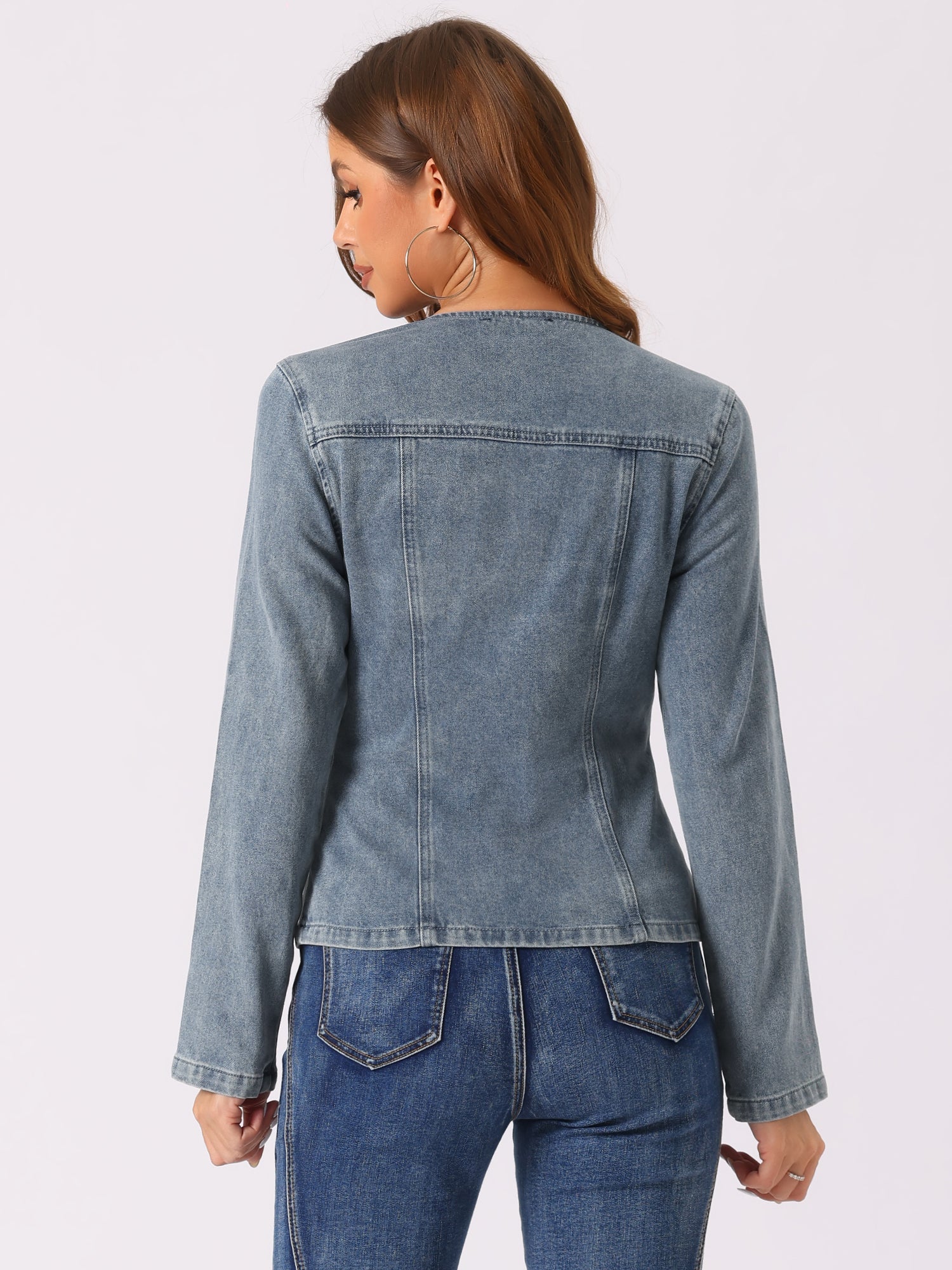 Lapel Collar Long Sleeve One Button Denim Blazer Jean Jacket