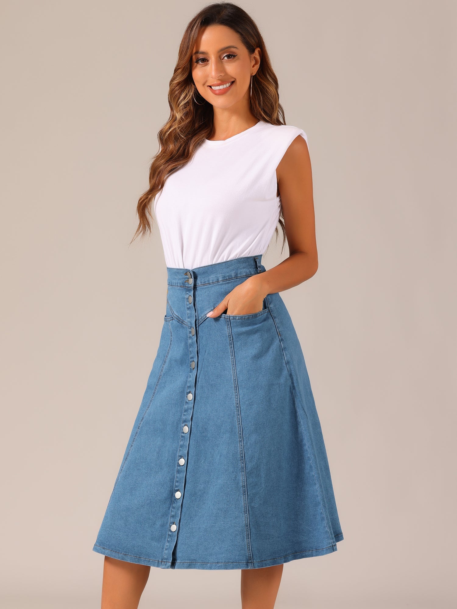 Stretchy High Waist Buttons Front A-Line Flowy Pockets Midi Skirt