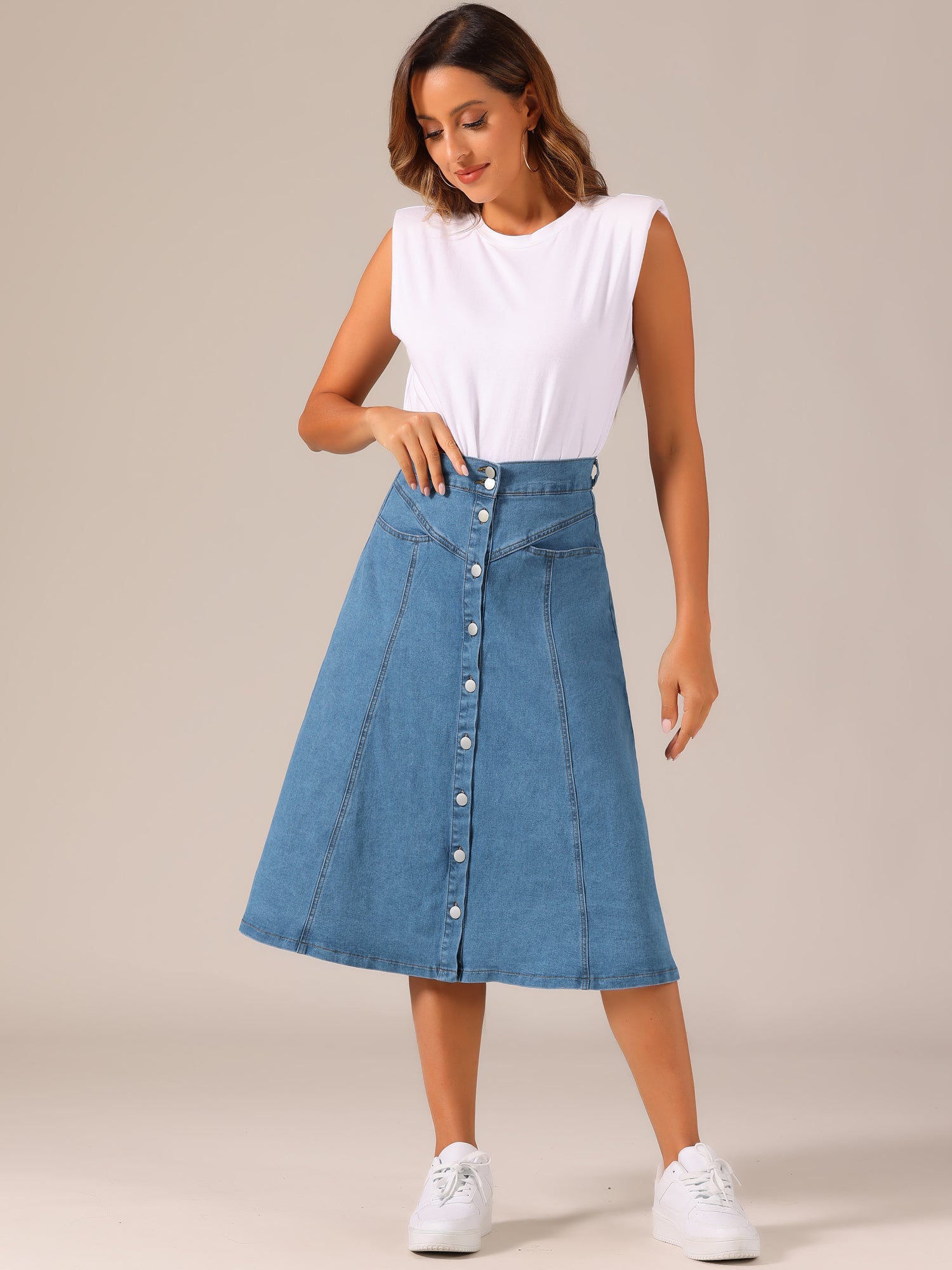 Stretchy High Waist Buttons Front A-Line Flowy Pockets Midi Skirt