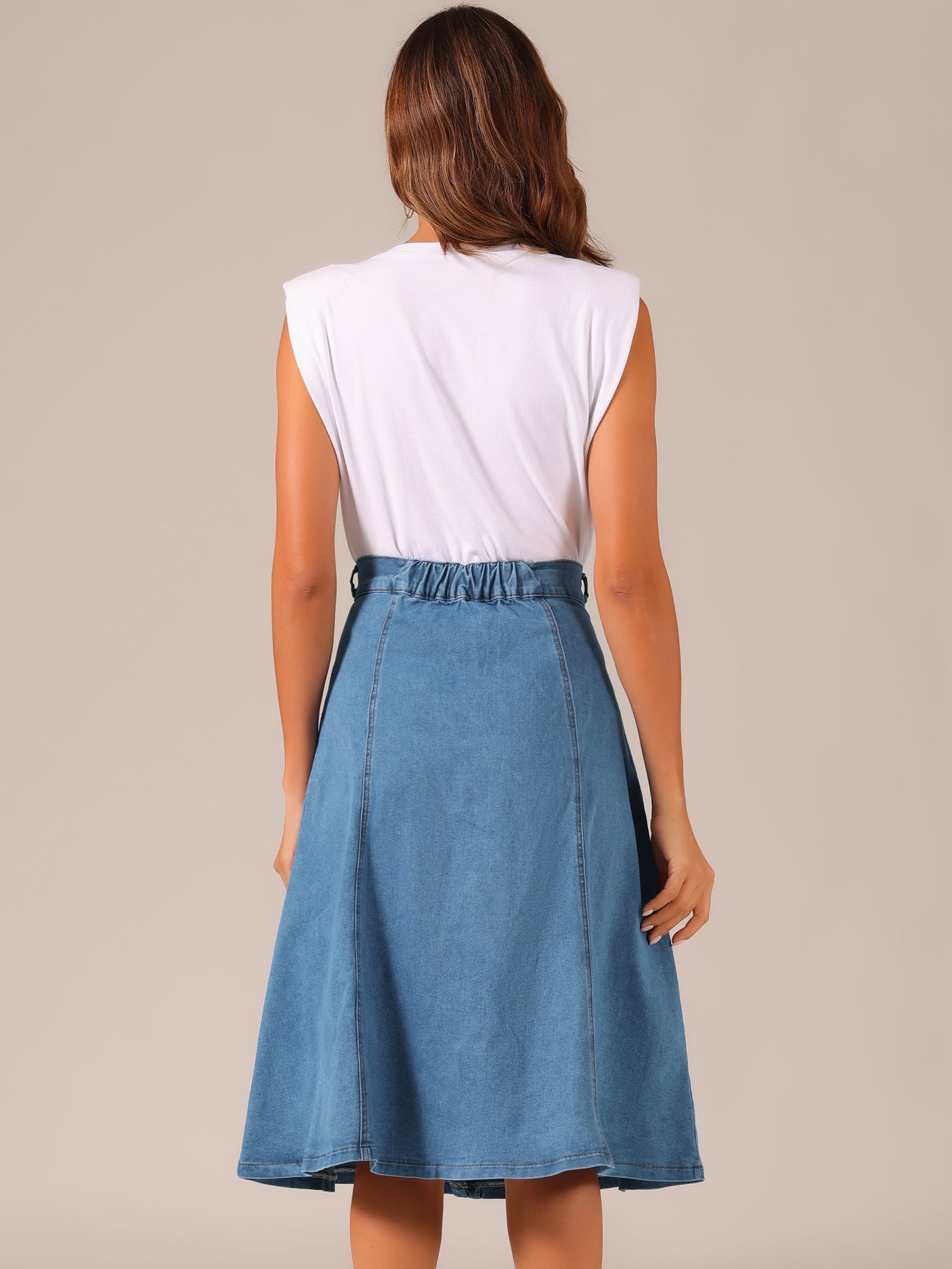 Stretchy High Waist Buttons Front A-Line Flowy Pockets Midi Skirt