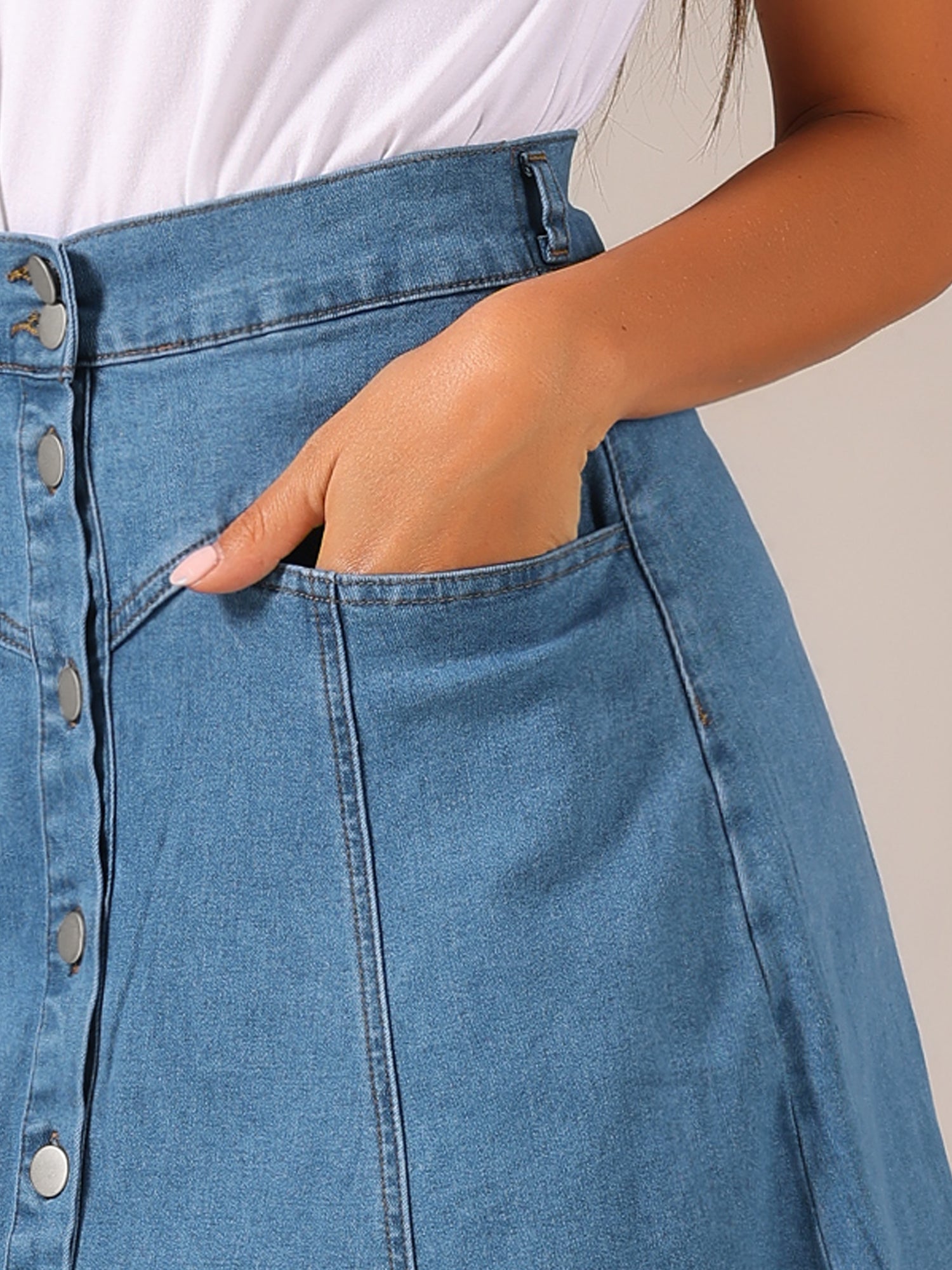 Stretchy High Waist Buttons Front A-Line Flowy Pockets Midi Skirt