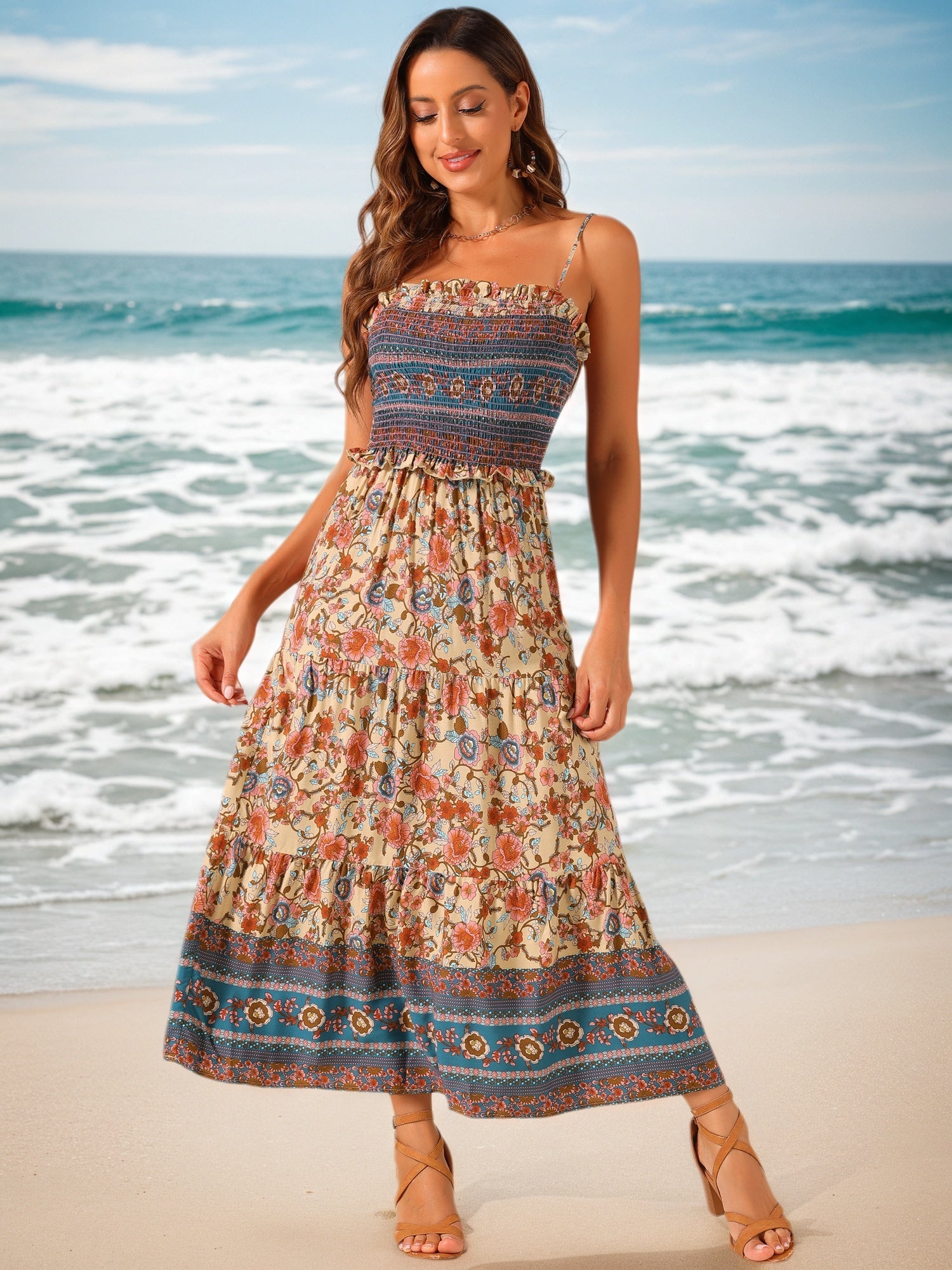 Boho Floral Summer Spaghetti Strap A-Line Flowy Smocked Midi Dress Sundress