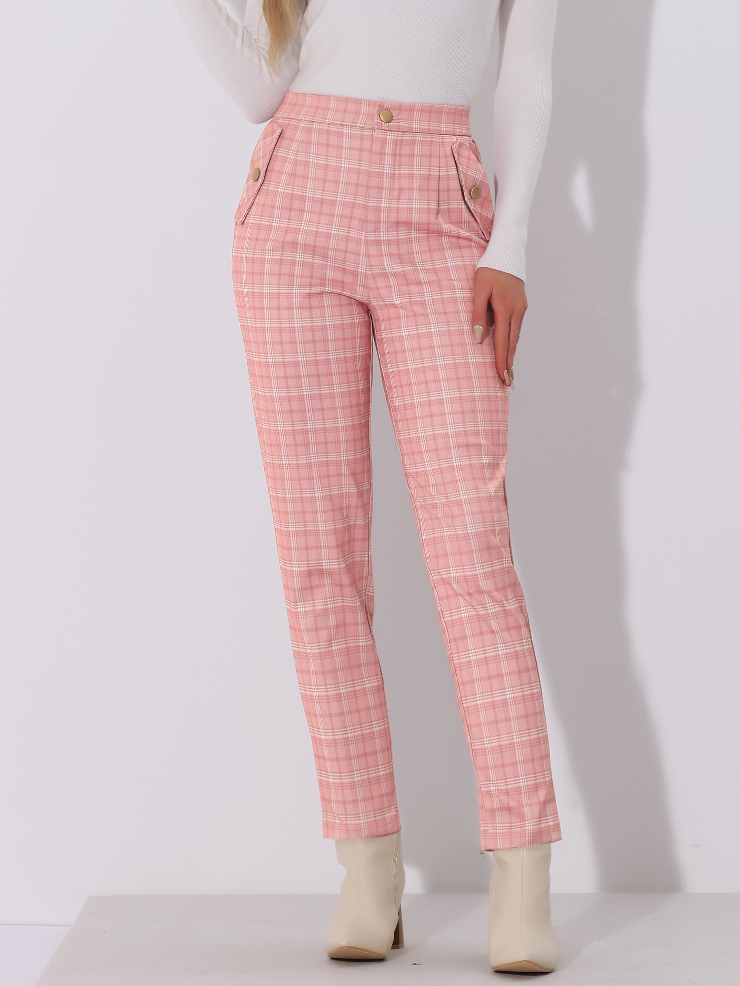 Vintage Tartan Plaid Pants Elastic Waist Straight Long Trousers
