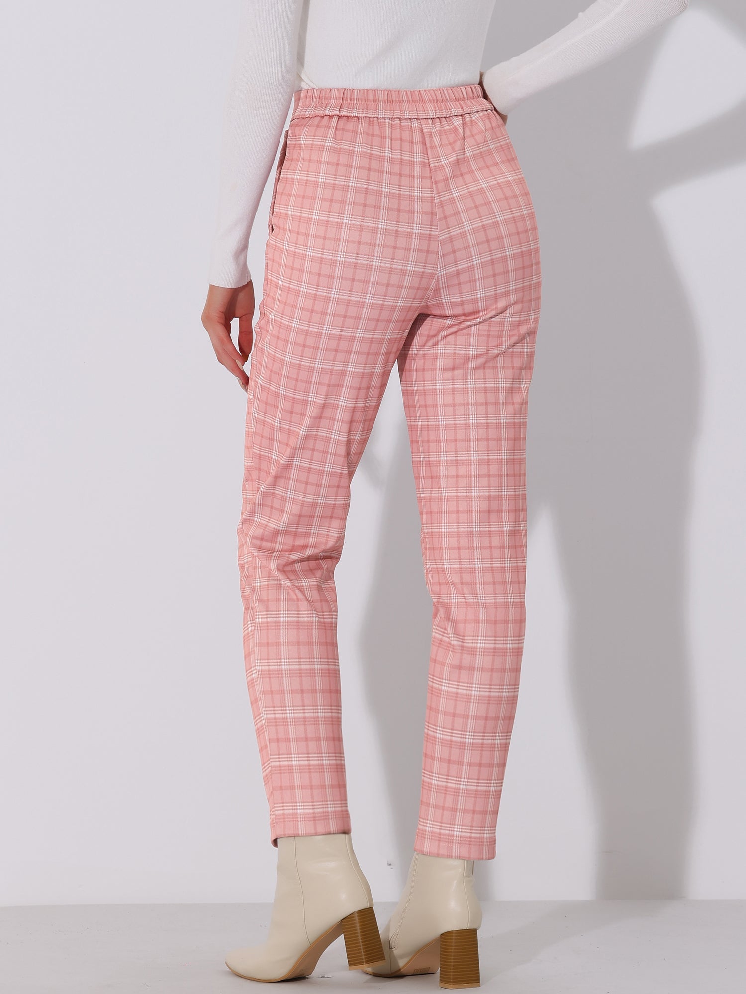 Vintage Tartan Plaid Pants Elastic Waist Straight Long Trousers