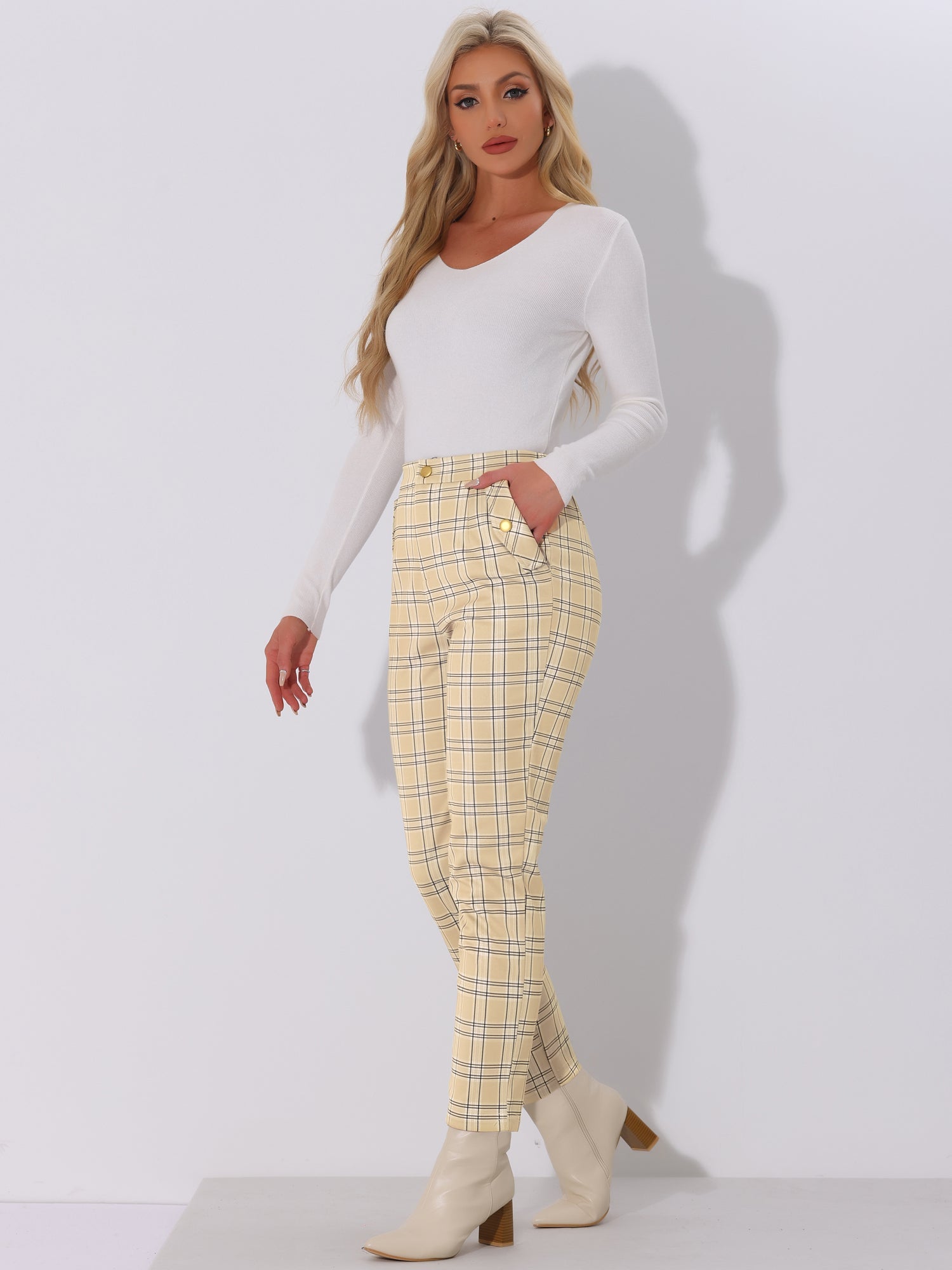 Vintage Tartan Plaid Pants Elastic Waist Straight Long Trousers