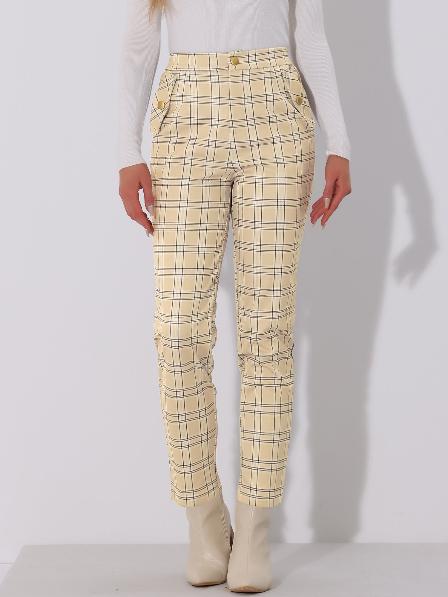 Vintage Tartan Plaid Pants Elastic Waist Straight Long Trousers
