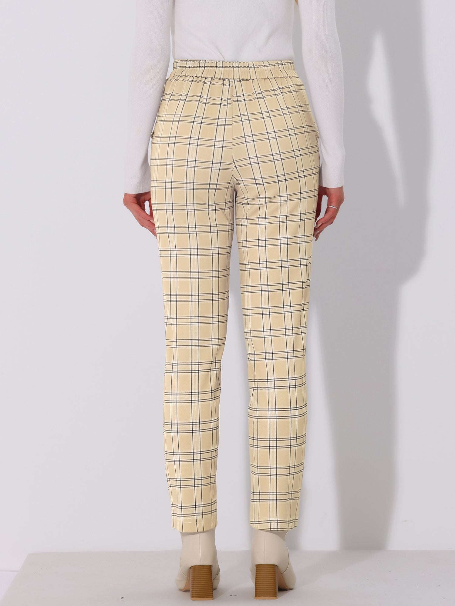 Vintage Tartan Plaid Pants Elastic Waist Straight Long Trousers