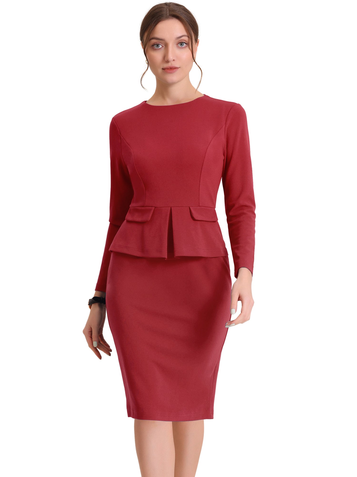 Bodycon Pencil Round Neck Bracelet Sleeve Peplum Office Sheath Dress