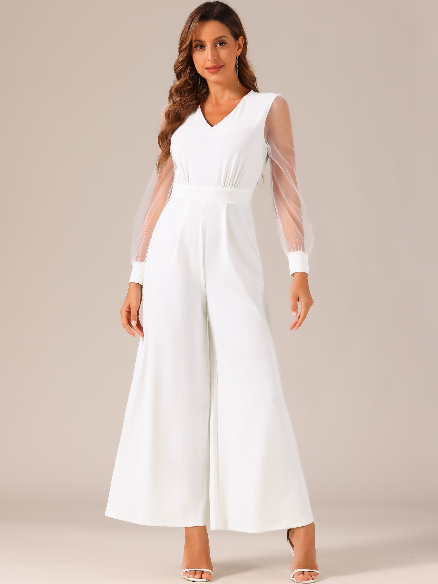 Elegant V Neck Mesh Long Sleeve Loose Wide Leg Jumpsuits