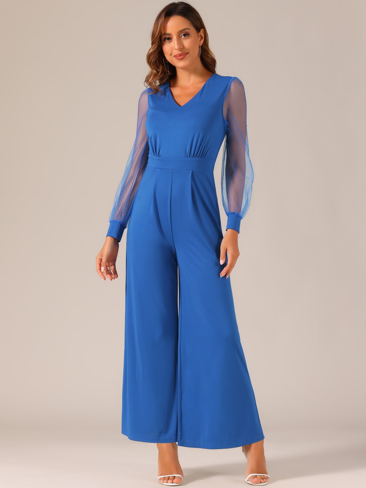 Elegant V Neck Mesh Long Sleeve Loose Wide Leg Jumpsuits