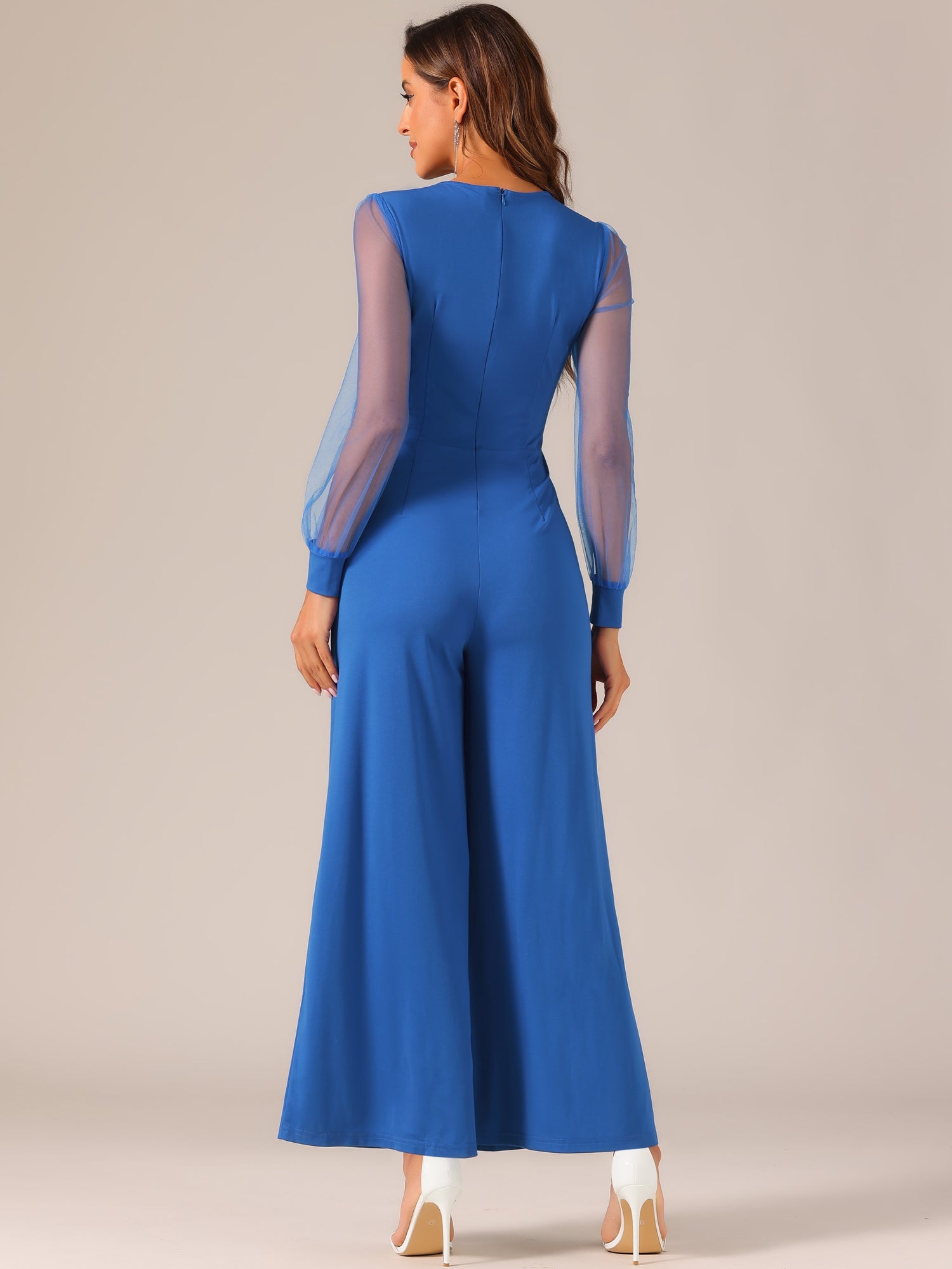 Elegant V Neck Mesh Long Sleeve Loose Wide Leg Jumpsuits