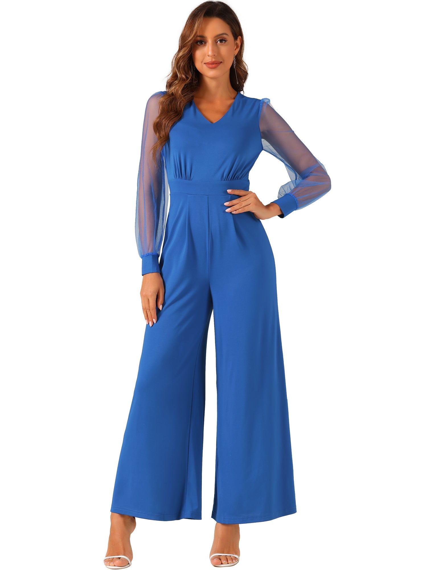 Elegant V Neck Mesh Long Sleeve Loose Wide Leg Jumpsuits