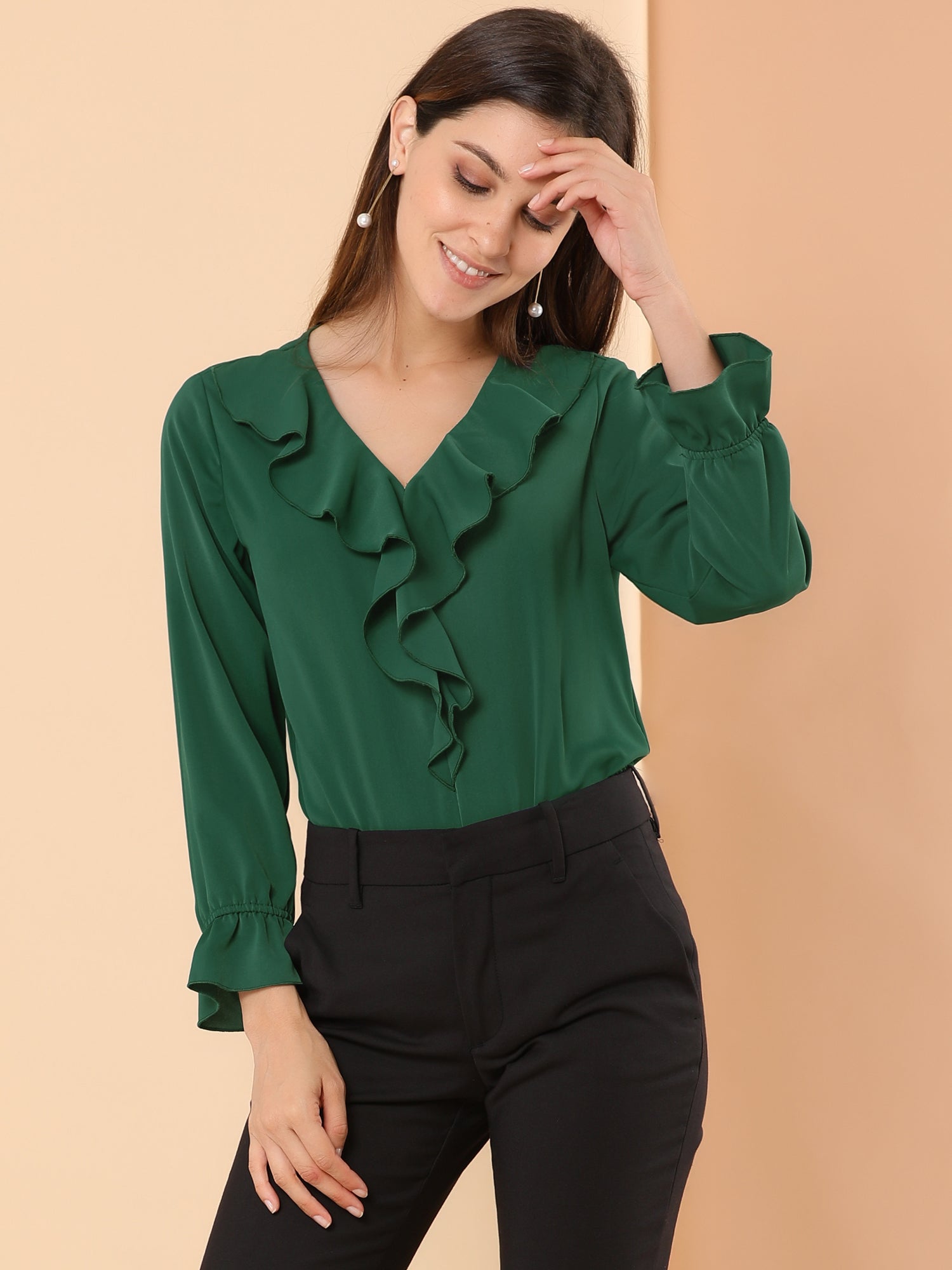 Ruffle Neck Gathered Cuff Long Sleeves Blouse
