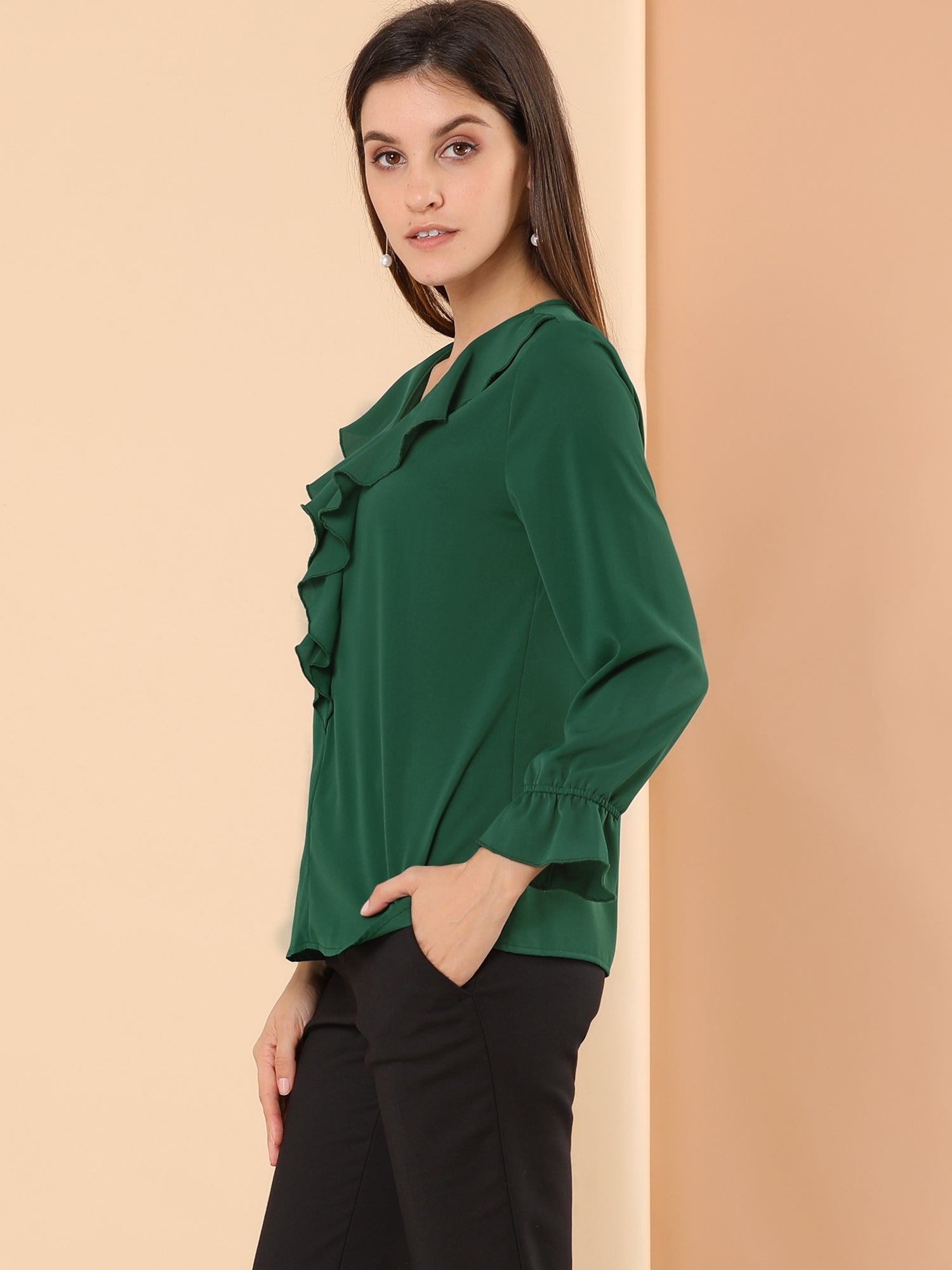 Ruffle Neck Gathered Cuff Long Sleeves Blouse