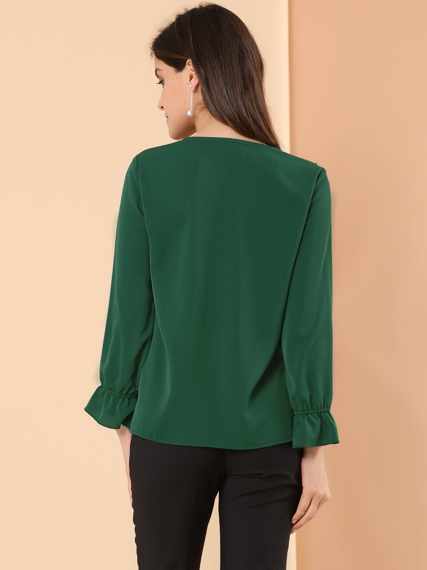 Ruffle Neck Gathered Cuff Long Sleeves Blouse