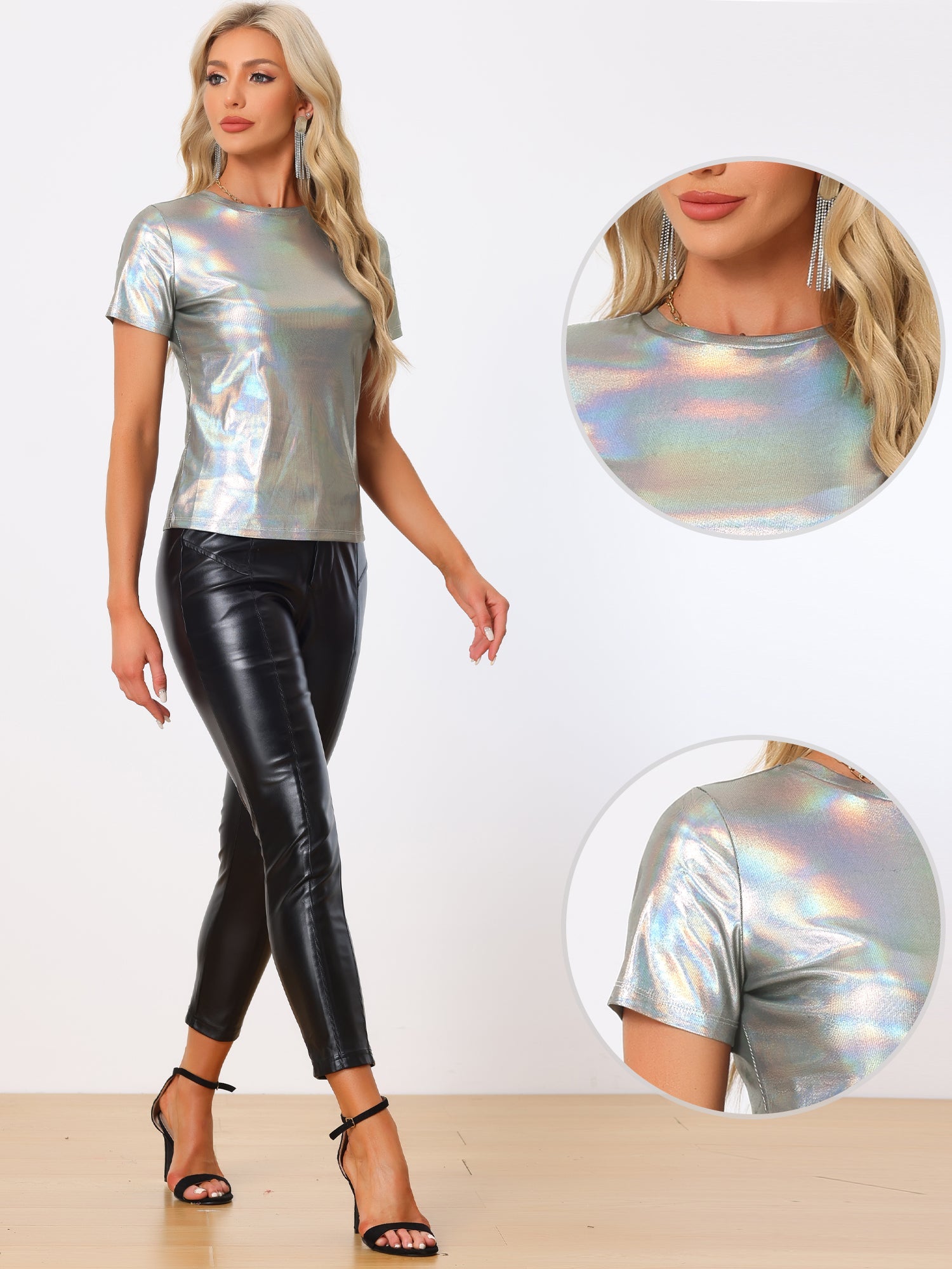 Party Metallic Textured Short Sleeve Shiny Multicolor Top