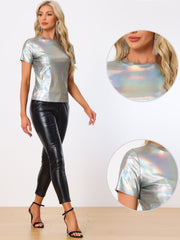 Party Metallic Textured Short Sleeve Shiny Multicolor Top