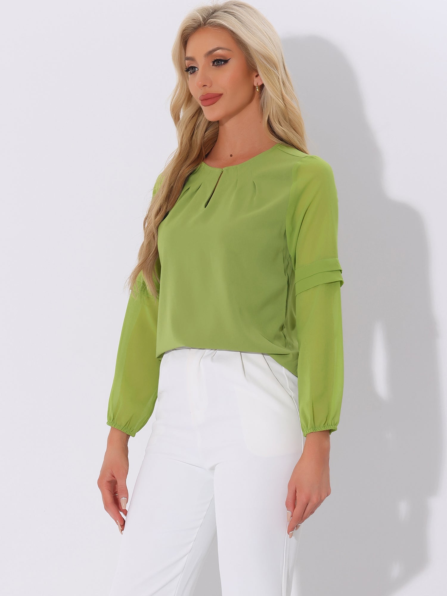 Chiffon Shirt Semi Sheer Keyhole Neck Elegant Work Blouse