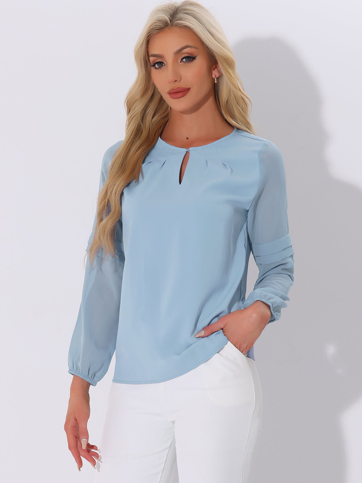 Chiffon Shirt Semi Sheer Keyhole Neck Elegant Work Blouse