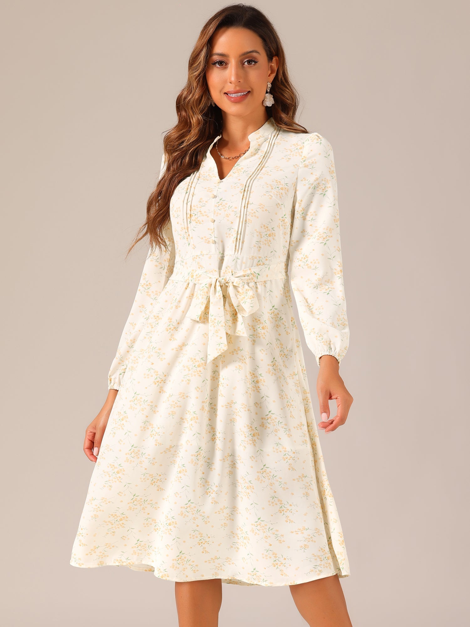 Floral Print Long Sleeve Spring Flowy Midi Boho Dress