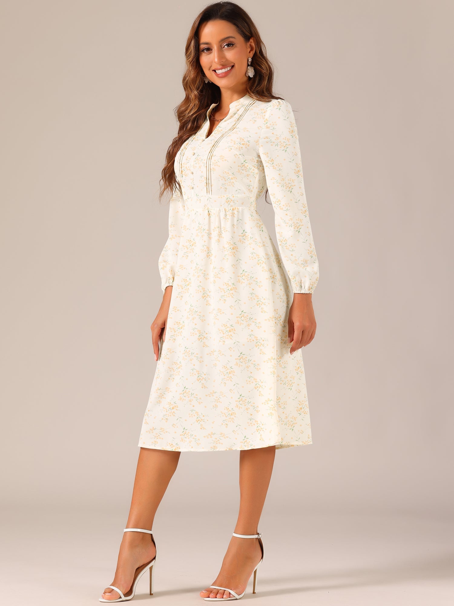 Floral Print Long Sleeve Spring Flowy Midi Boho Dress