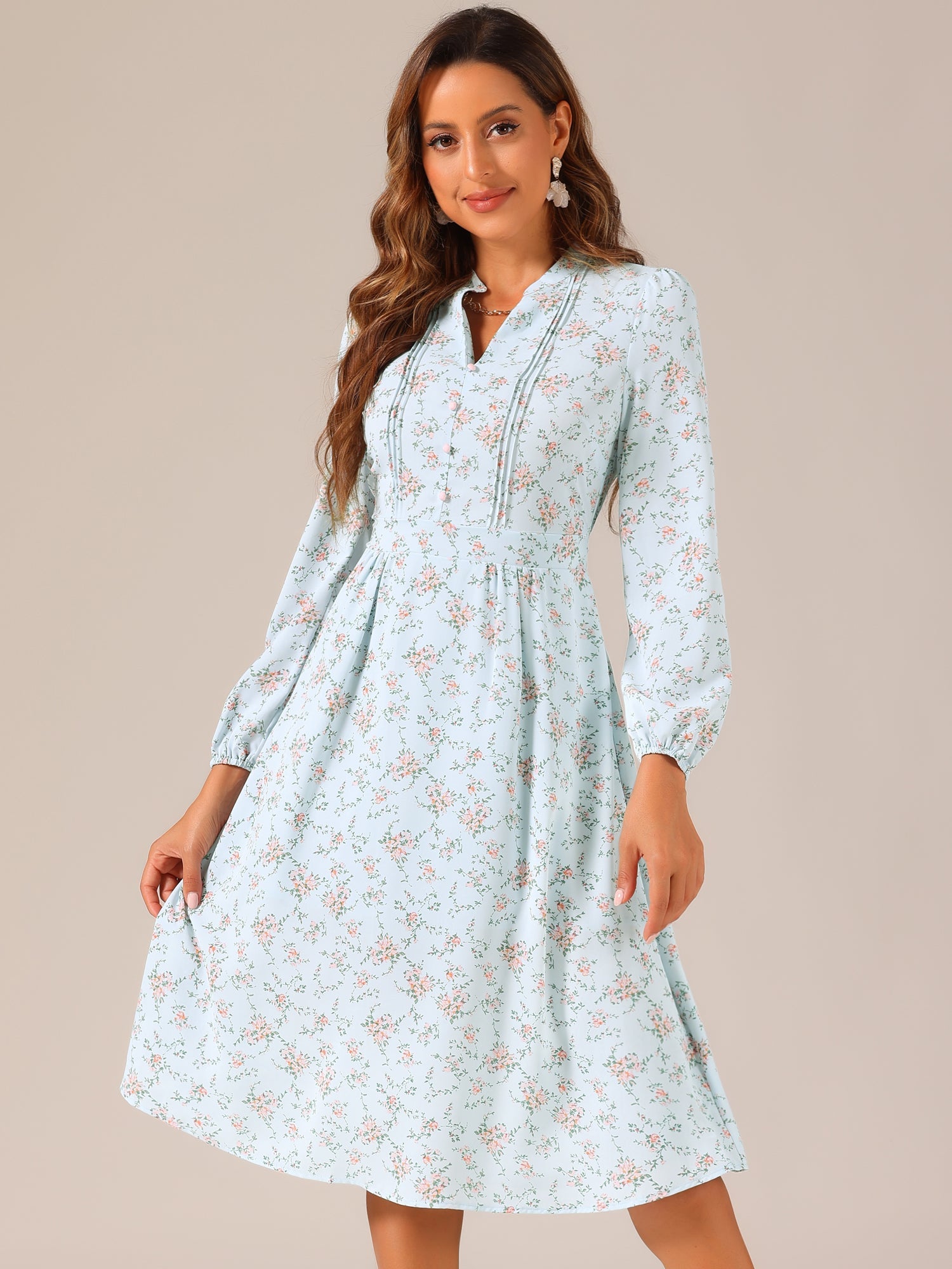 Floral Print Long Sleeve Spring Flowy Midi Boho Dress