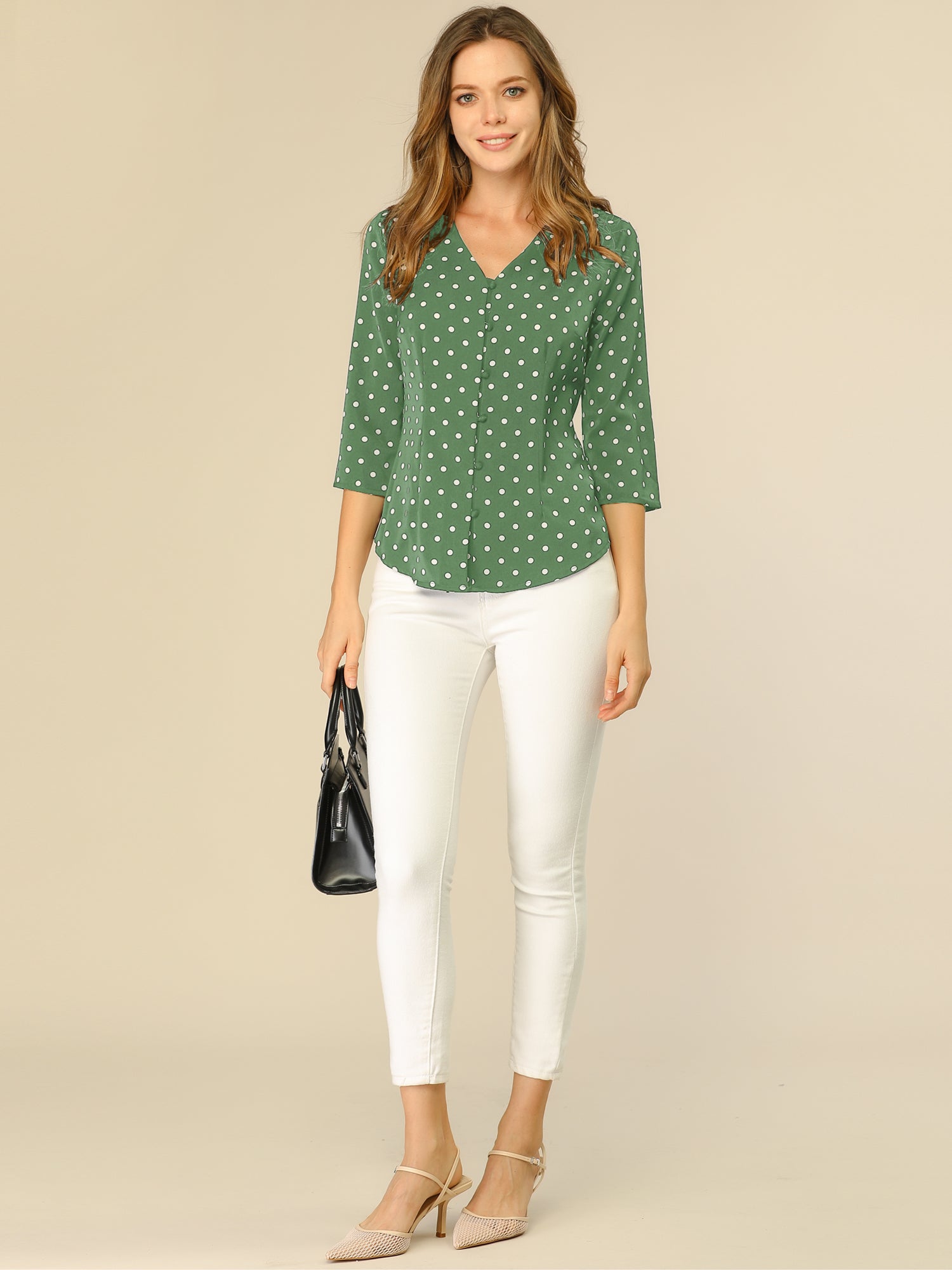 Polka Dots 3/4 Sleeve Button Front Vintage Office Blouse Top