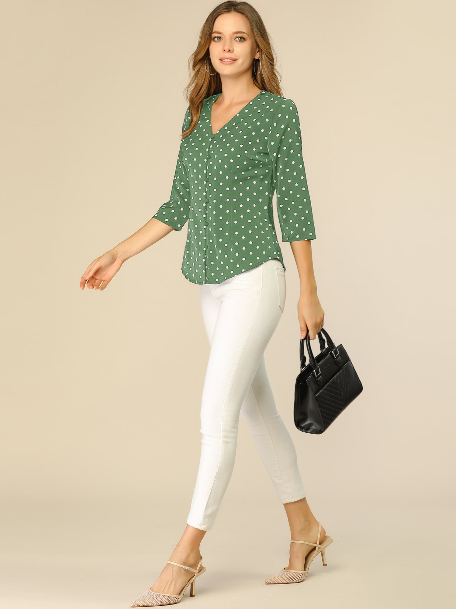 Polka Dots 3/4 Sleeve Button Front Vintage Office Blouse Top