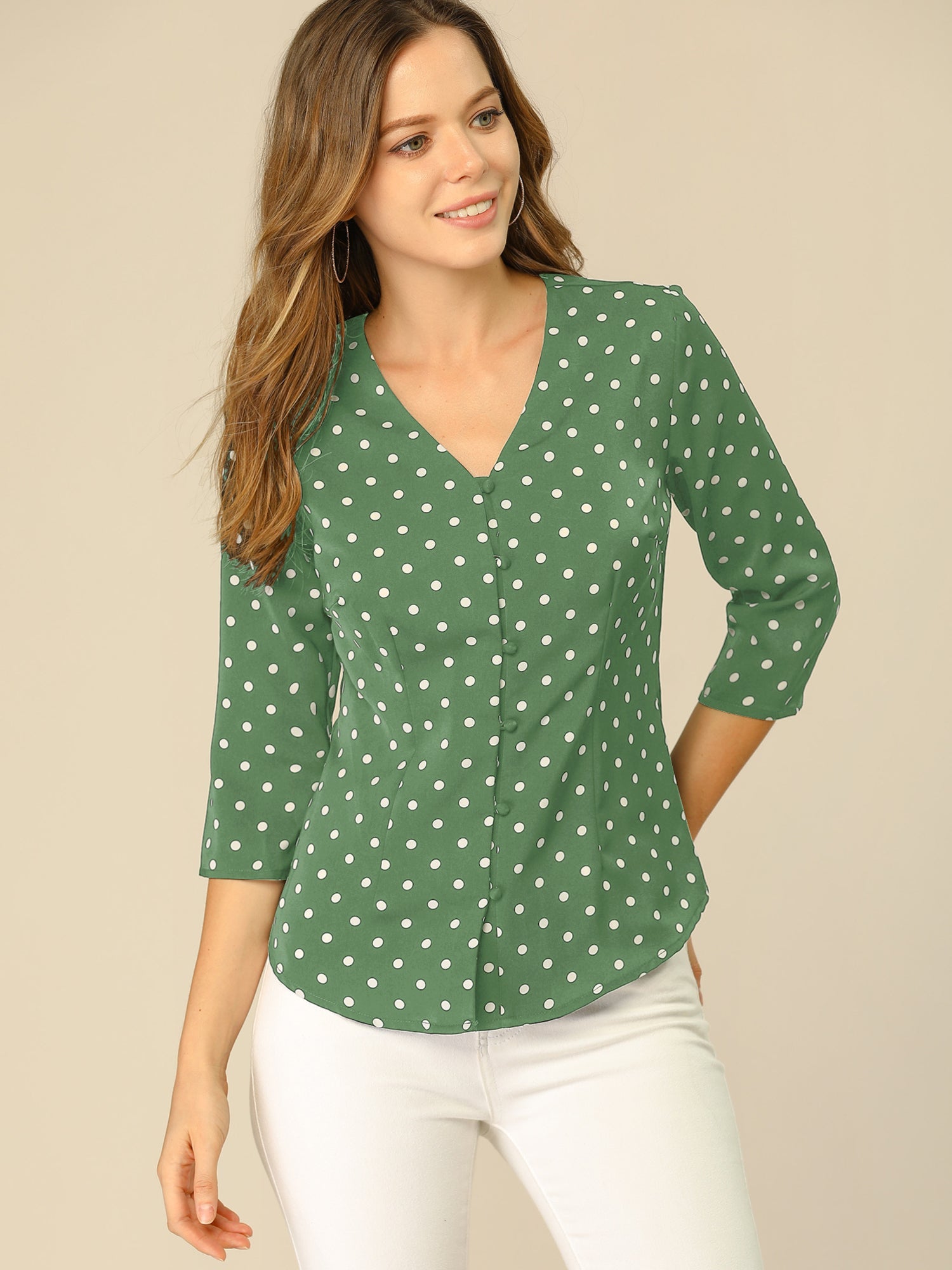 Polka Dots 3/4 Sleeve Button Front Vintage Office Blouse Top