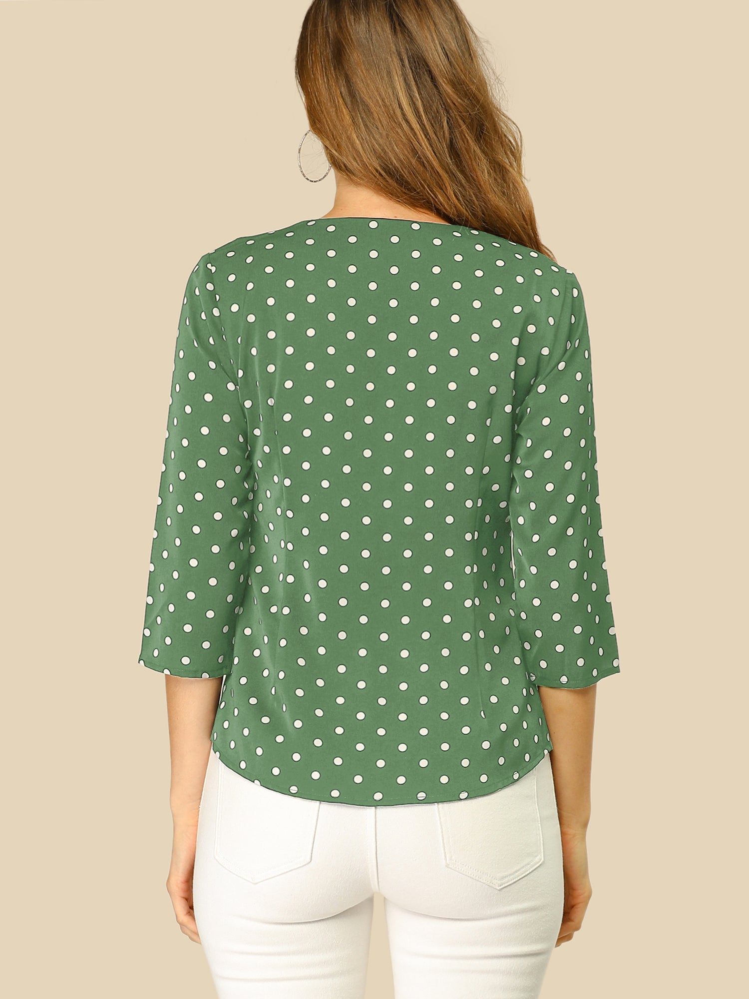 Polka Dots 3/4 Sleeve Button Front Vintage Office Blouse Top