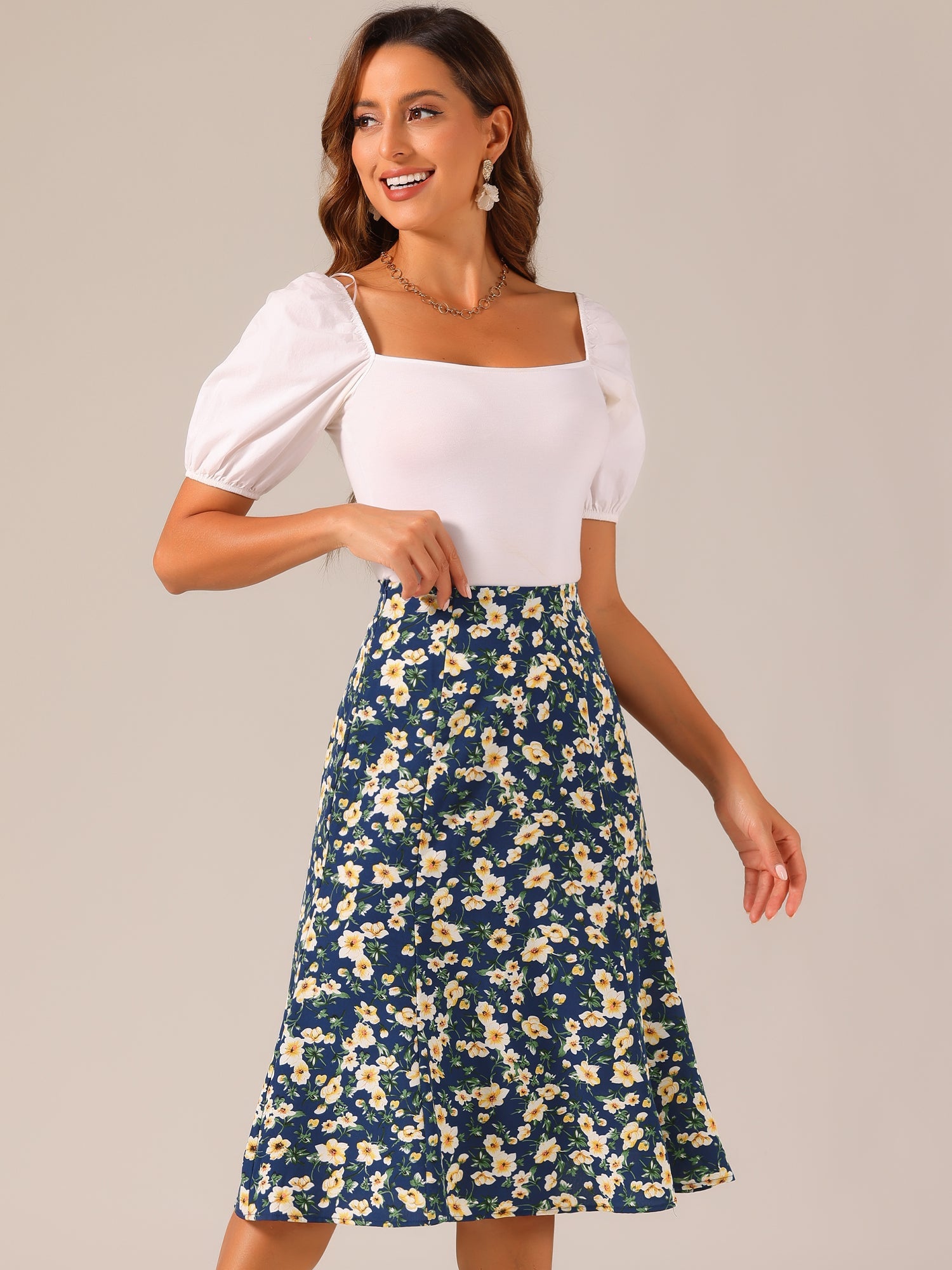 Floral Peasant Elastic Waist A-Line Ditsy Leave Midi Skirt