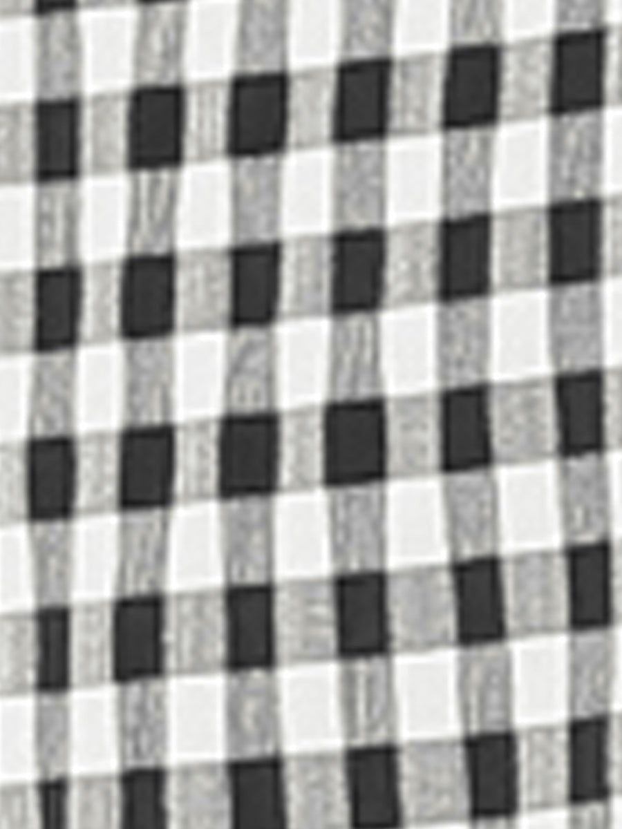 Square Neck Short Sleeves Gingham Plaid Blouse