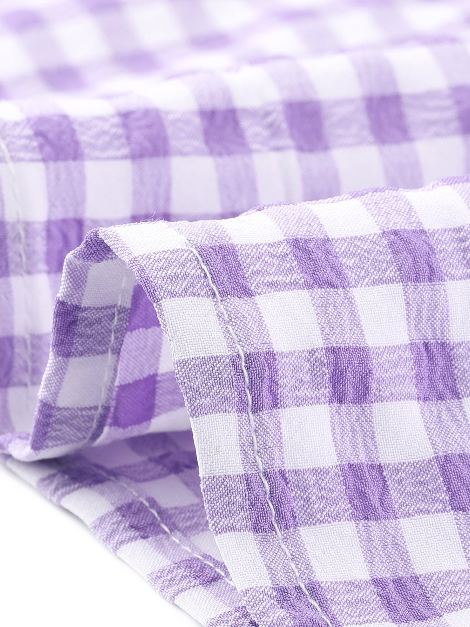 Square Neck Short Sleeves Gingham Plaid Blouse